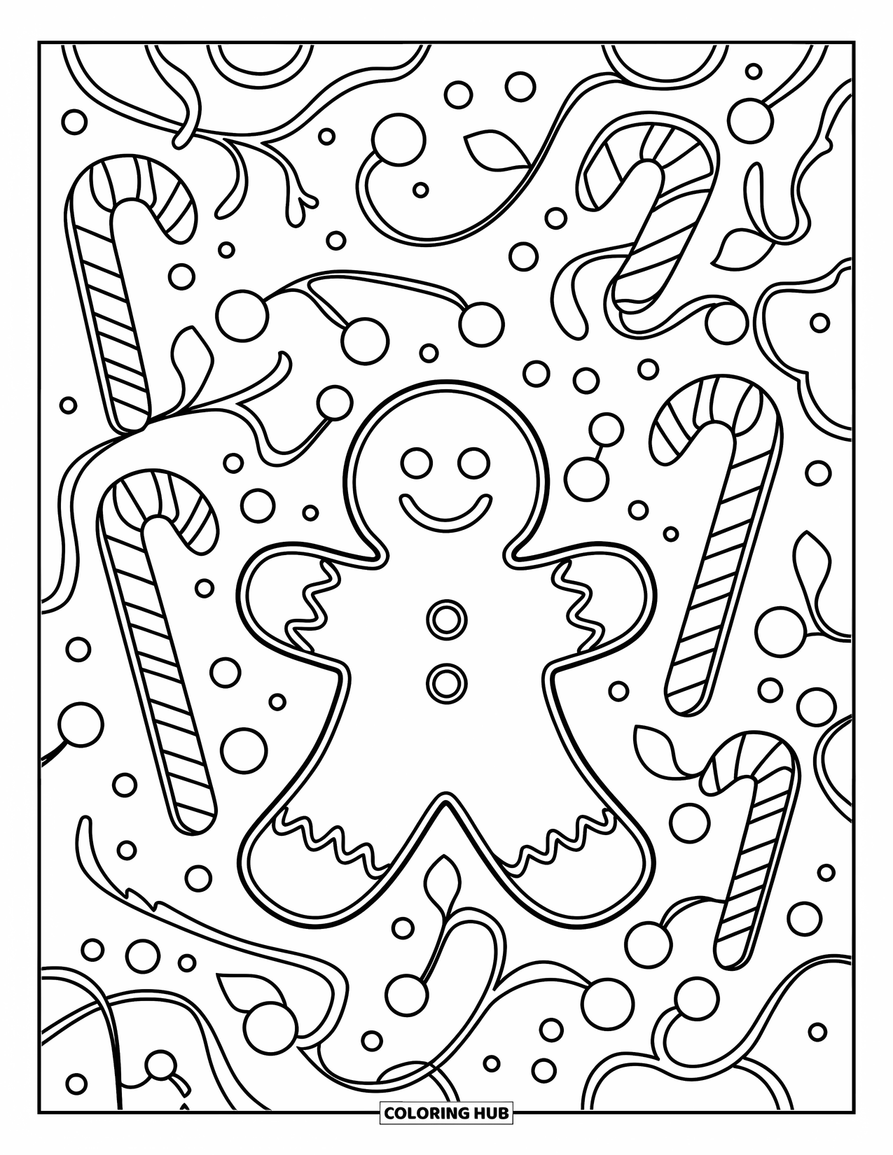 Gingerbread Man Coloring Page for Adults: Smiling gingerbread man surrounded by patterned candy canes and berries
