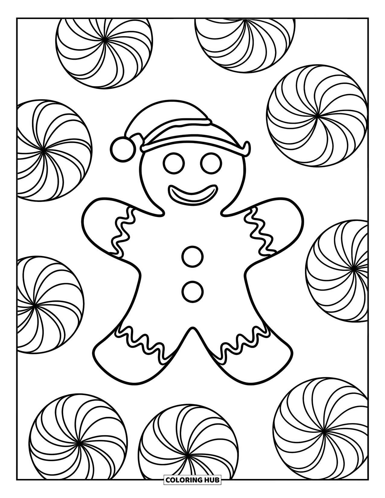 Gingerbread Man Coloring Page for Adults: Smiling gingerbread man with peppermint swirls all around