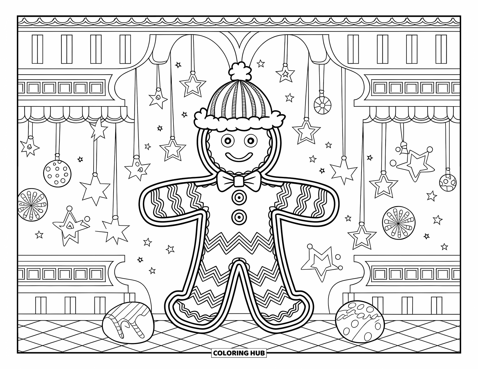 Gingerbread Man Coloring Page for Adults: Striped-hat gingerbread man surrounded by cookies, stars, and ribbon borders