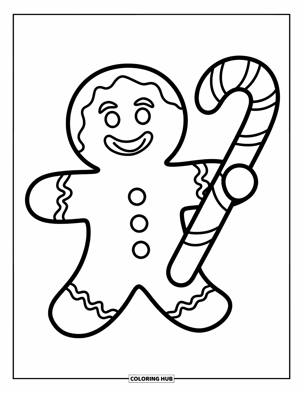 Gingerbread Man Coloring Page for Kids: Cheerful gingerbread man holding a candy cane with cracked dough details