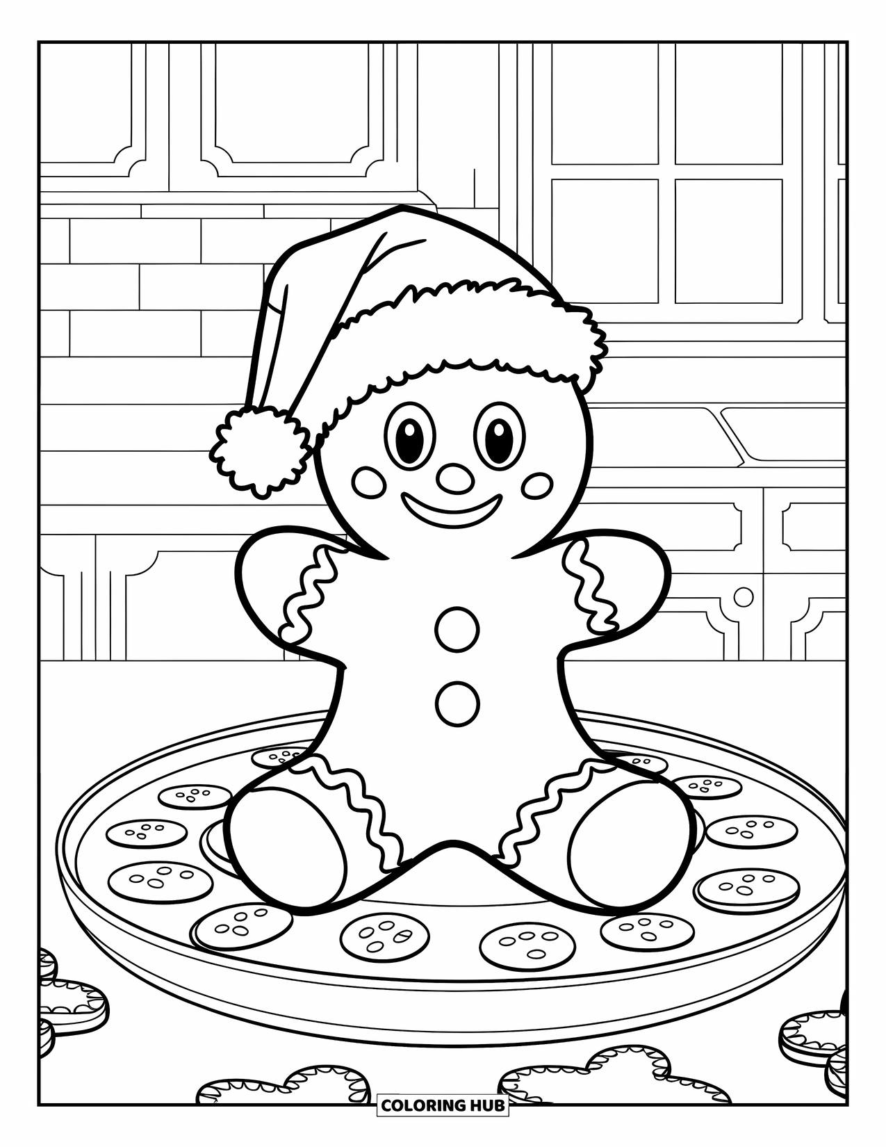 Gingerbread Man Coloring Page for Kids: Cheerful gingerbread man sitting on a cookie tray in a cozy kitchen