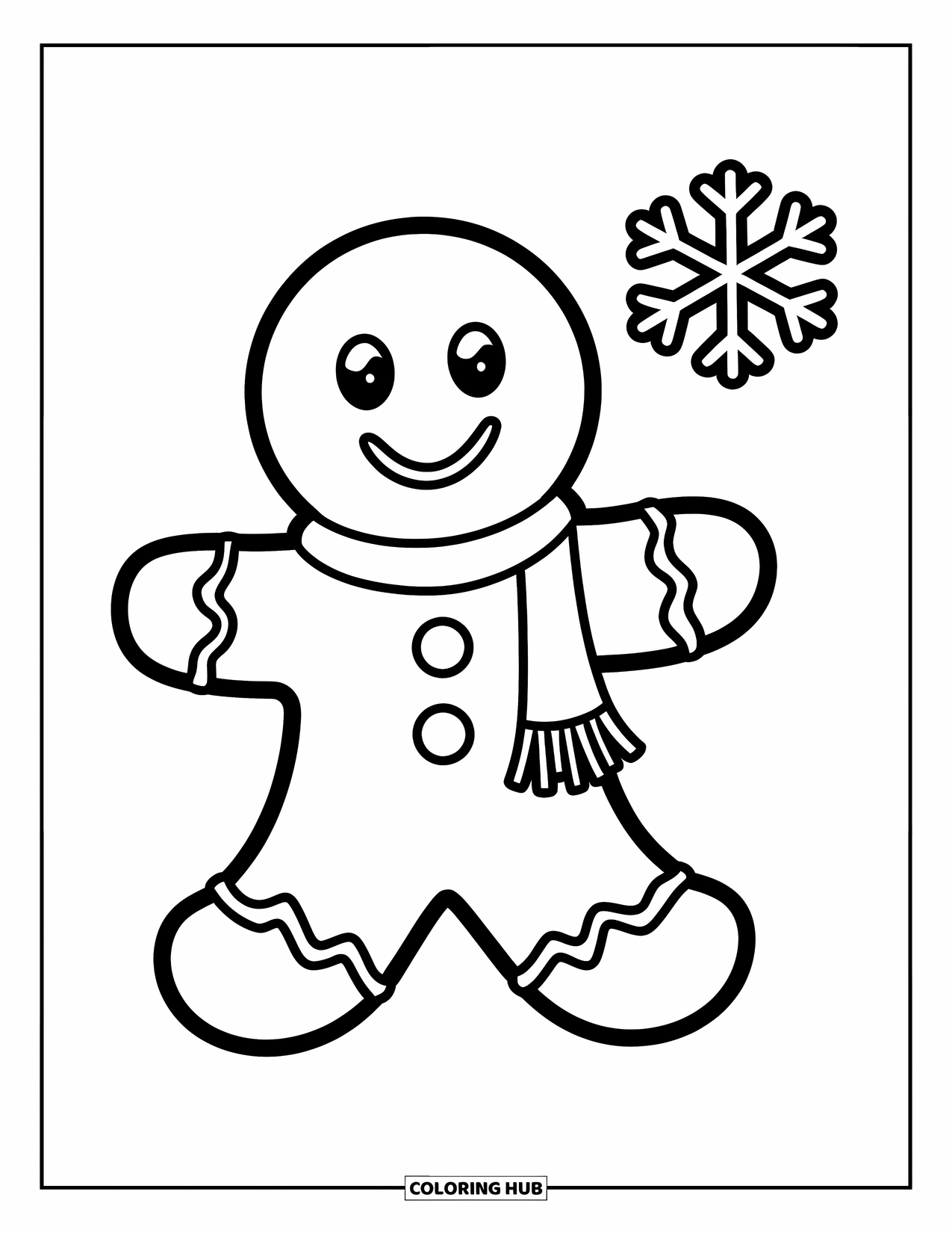 Gingerbread Man Coloring Page for Kids: Cheerful gingerbread man with a scarf and a nearby snowflake
