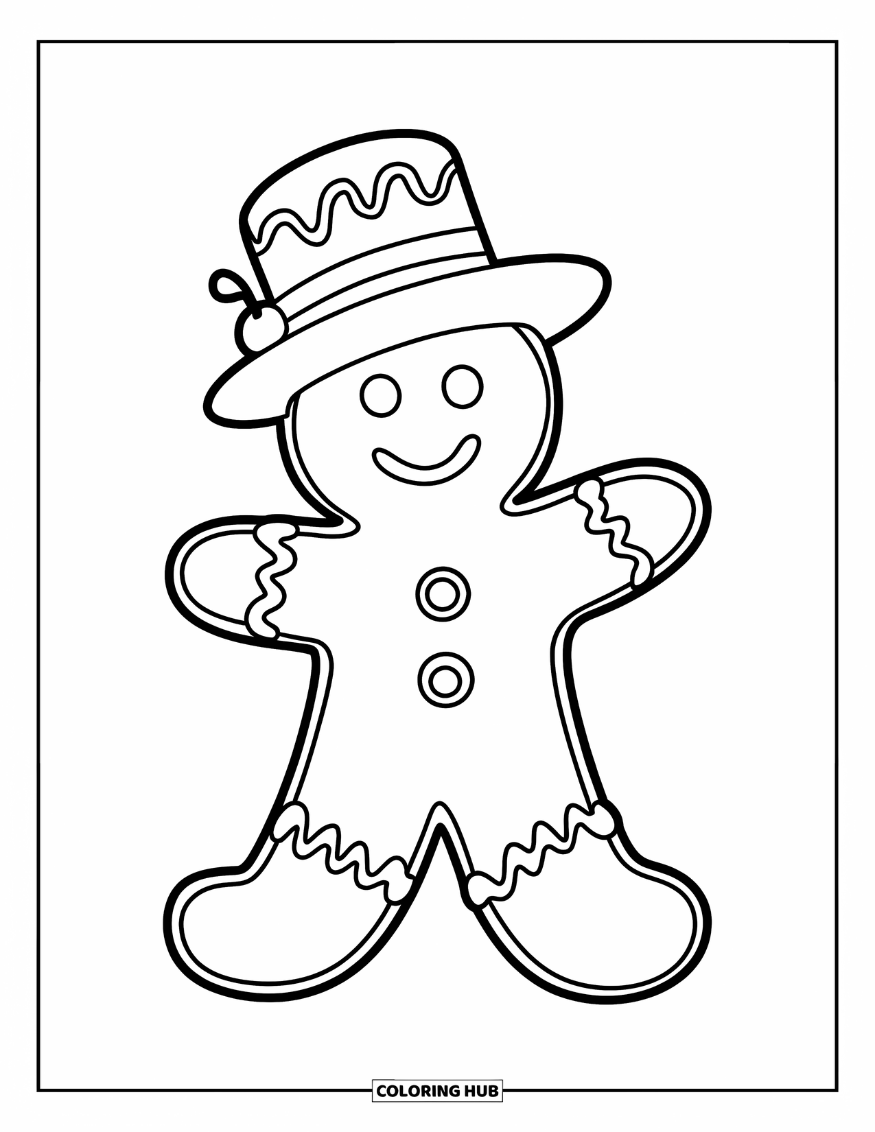 Gingerbread Man Coloring Page for Kids: Chubby gingerbread man with frosting boots and a cherry-topped hat