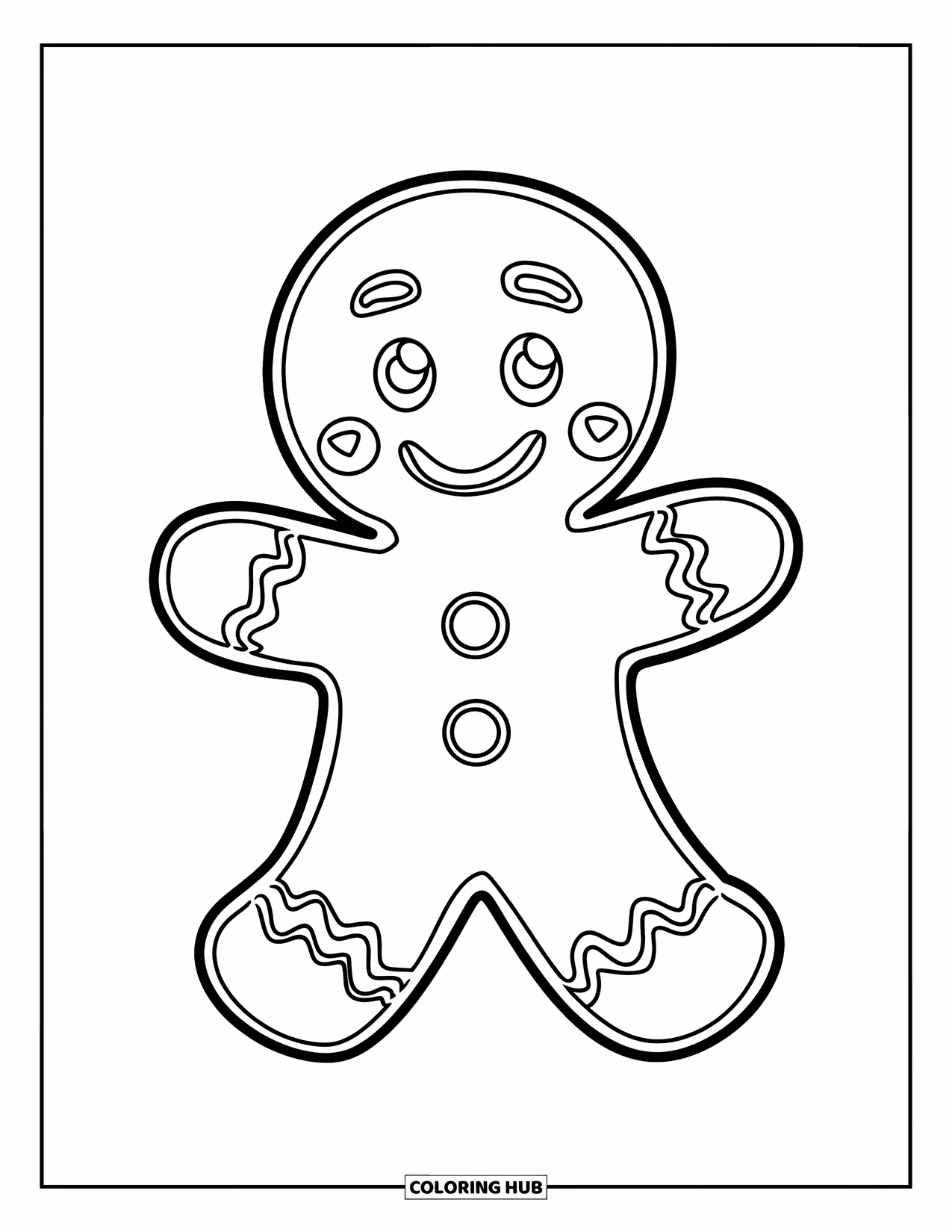 Gingerbread Man Coloring Page for Kids: Cute gingerbread man with big buttons and frosted arms