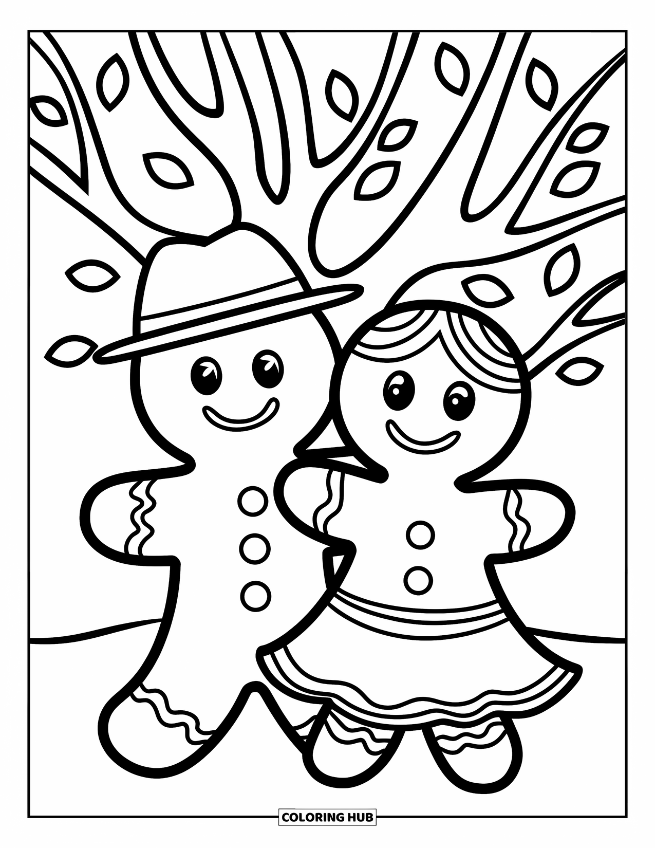 Gingerbread Man Coloring Page for Kids: Gingerbread man and girl smiling beside a tree with leafy branches