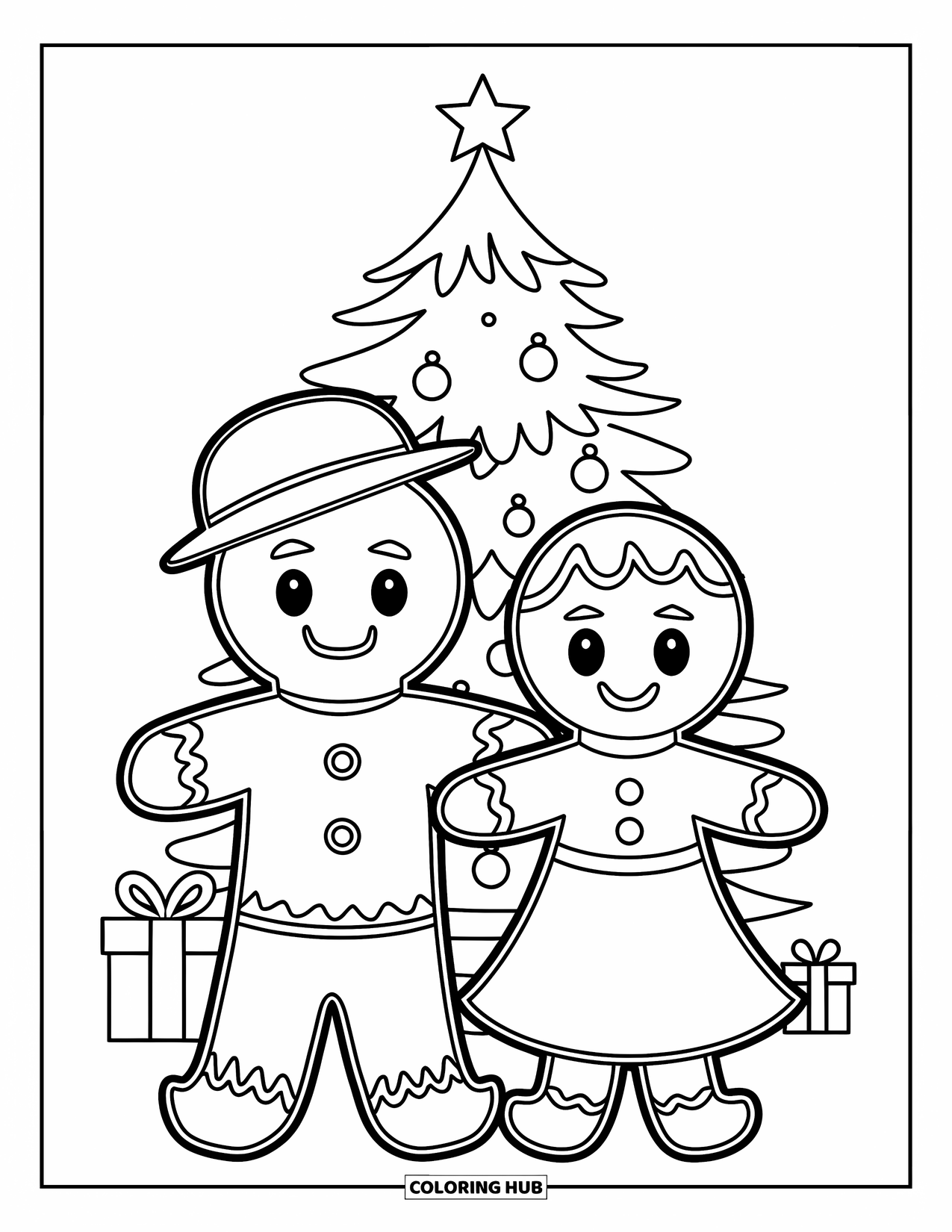 Gingerbread Man Coloring Page for Kids: Gingerbread man and girl standing happily beside a decorated Christmas tree