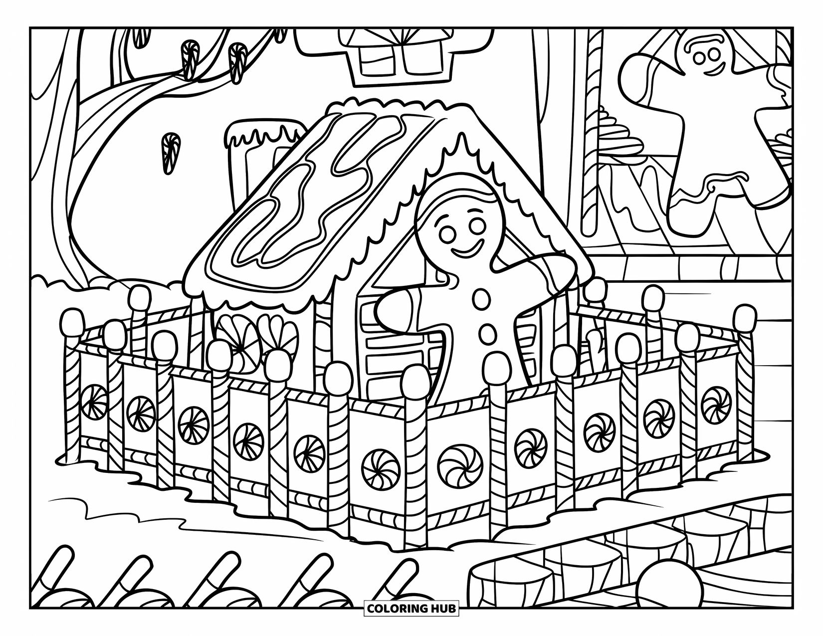 Gingerbread Man Coloring Page for Kids: Gingerbread man building a candy fence near a tree with candy branches