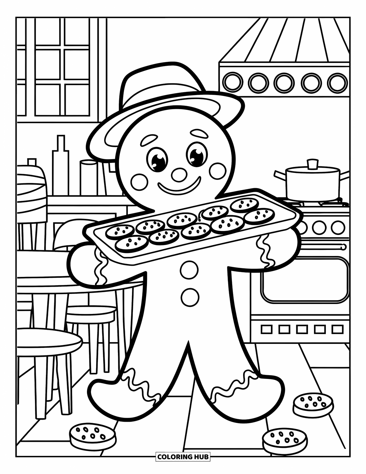 Gingerbread Man Coloring Page for Kids: Gingerbread man holding a cookie tray in a cozy kitchen