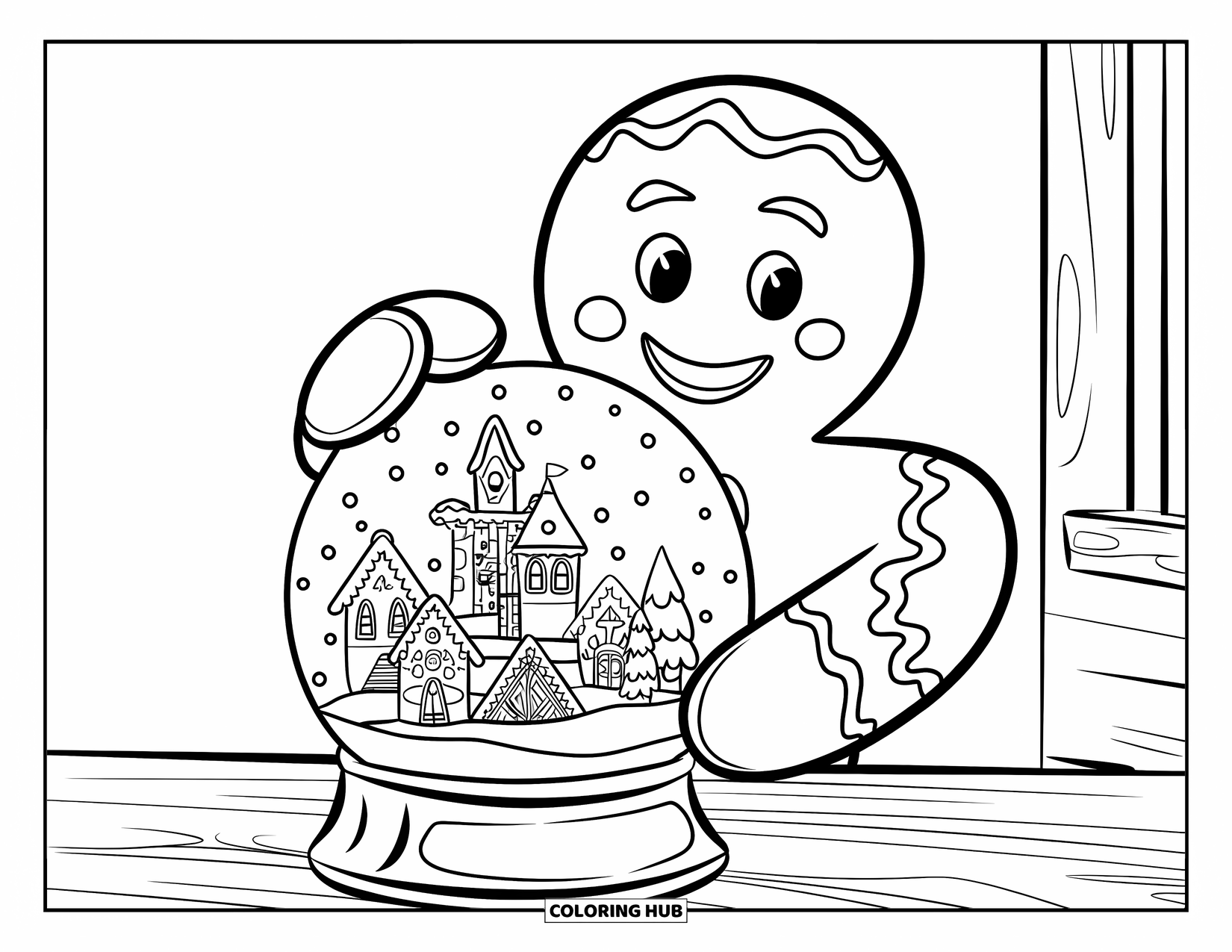 Gingerbread Man Coloring Page for Kids: Gingerbread man holding a snow globe of a tiny city, sitting on a wooden table