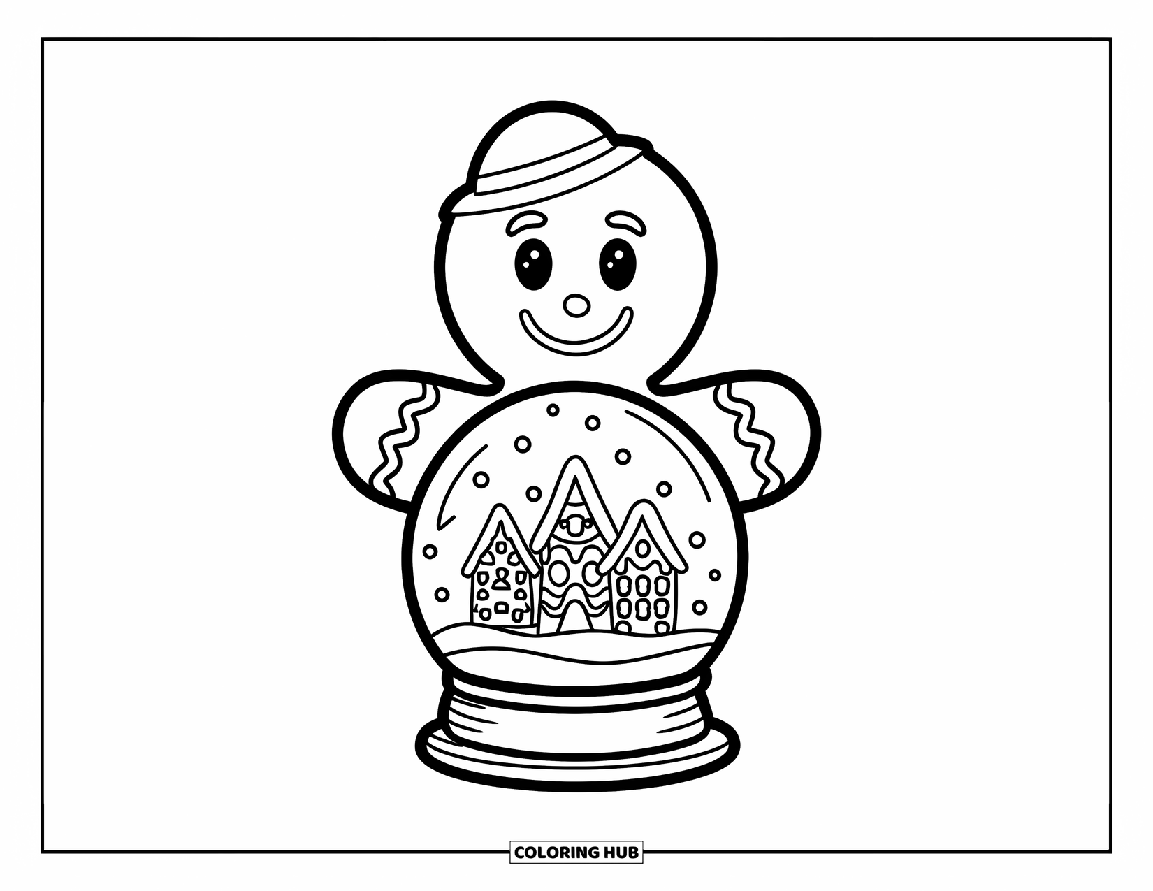 Gingerbread Man Coloring Page for Kids: Gingerbread man holding a snow globe with a tiny gingerbread city inside