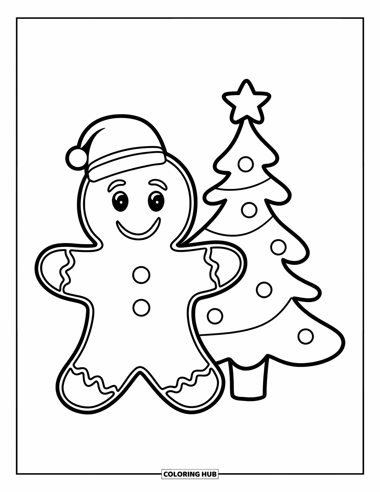Gingerbread Man Coloring Page for Kids: Gingerbread man in a red hat standing next to a small Christmas tree