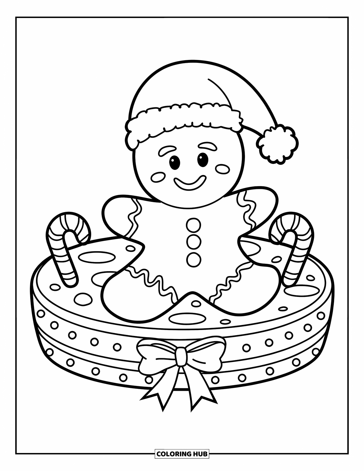 Gingerbread Man Coloring Page for Kids: Gingerbread man in a Santa hat sitting on a tray with candy canes
