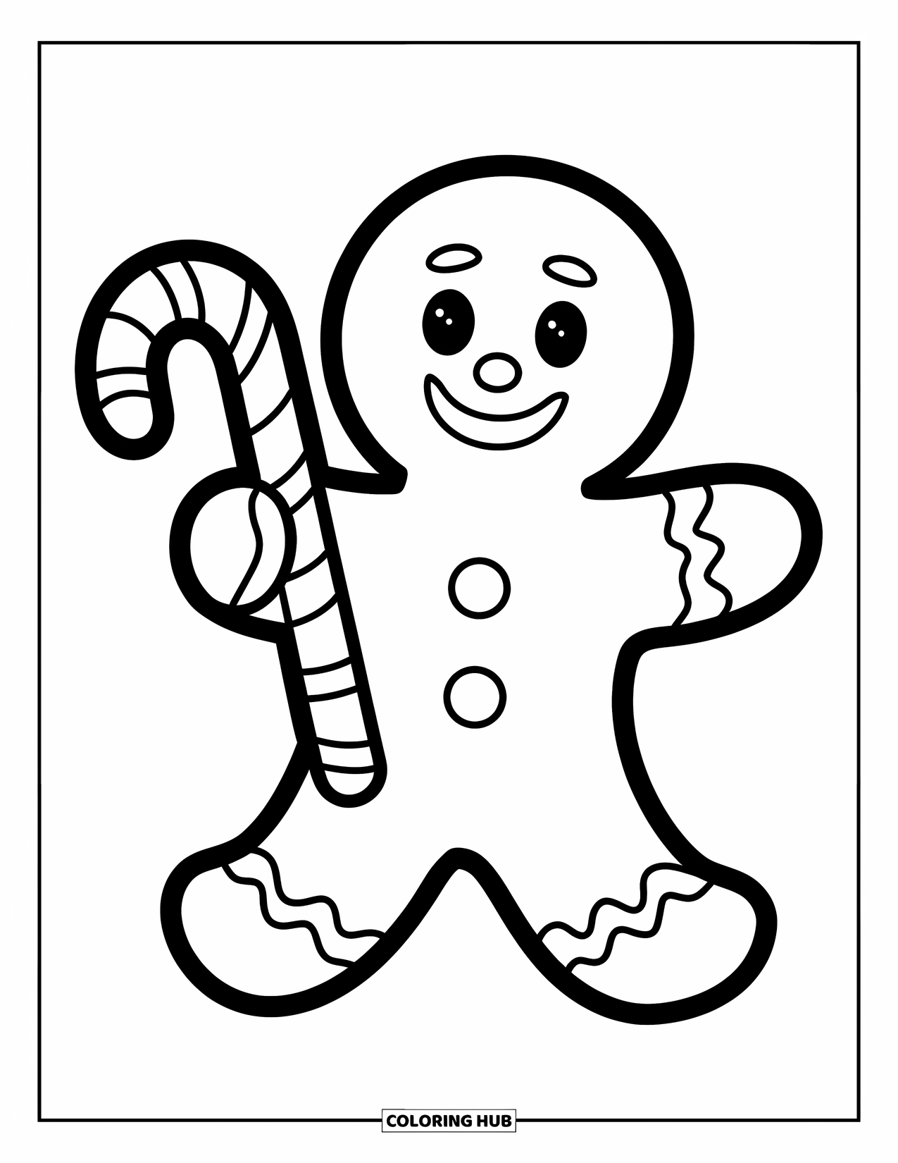 Gingerbread Man Coloring Page for Kids: Gingerbread man in a striped shirt holding a candy cane with a big smile