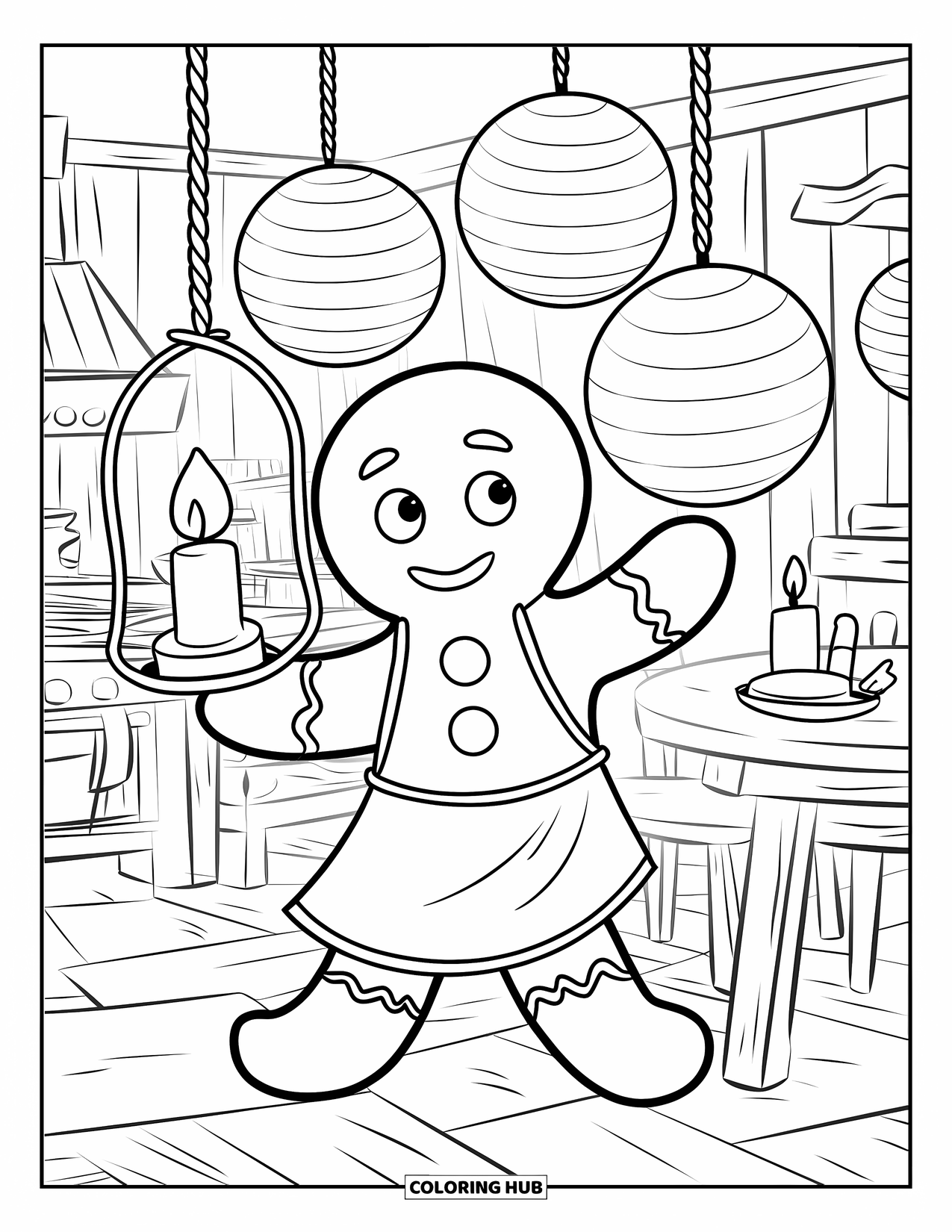 Gingerbread Man Coloring Page for Kids: Gingerbread man lighting gumdrop lanterns in a cozy kitchen with wooden floors