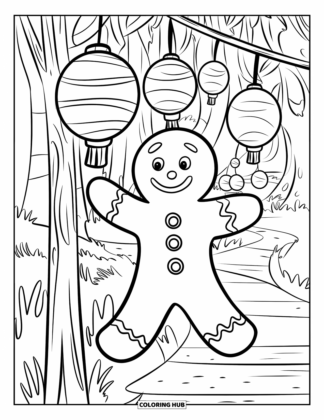 Gingerbread Man Coloring Page for Kids: Gingerbread man lighting gumdrop lanterns with a candle in a dark forest