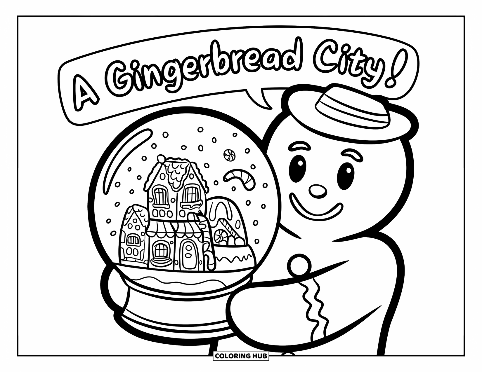 Gingerbread Man Coloring Page for Kids: Gingerbread man proudly showing off a snow globe filled with a candy city