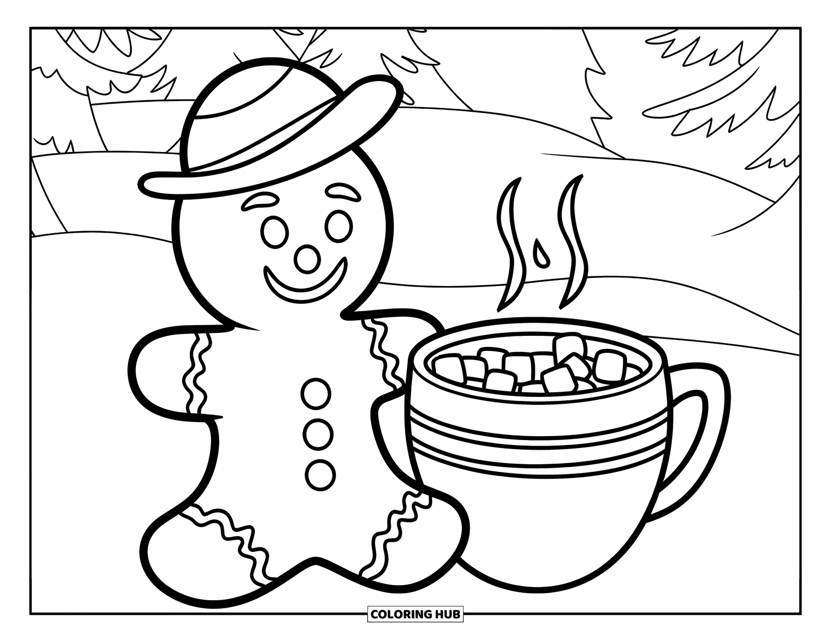 Gingerbread Man Coloring Page for Kids: Gingerbread man sitting near a hot cocoa mug with marshmallows