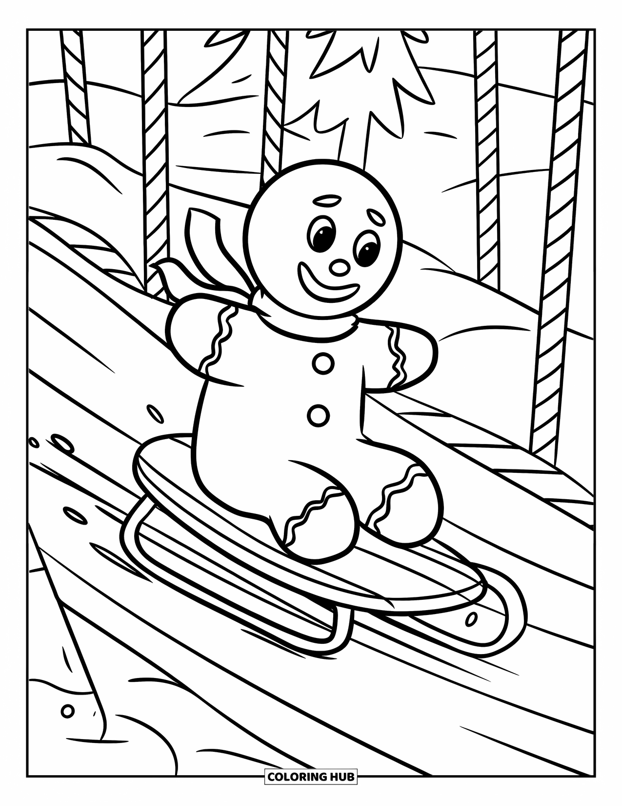 Gingerbread Man Coloring Page for Kids: Gingerbread man sledding down a frosting hill lined with candy canes