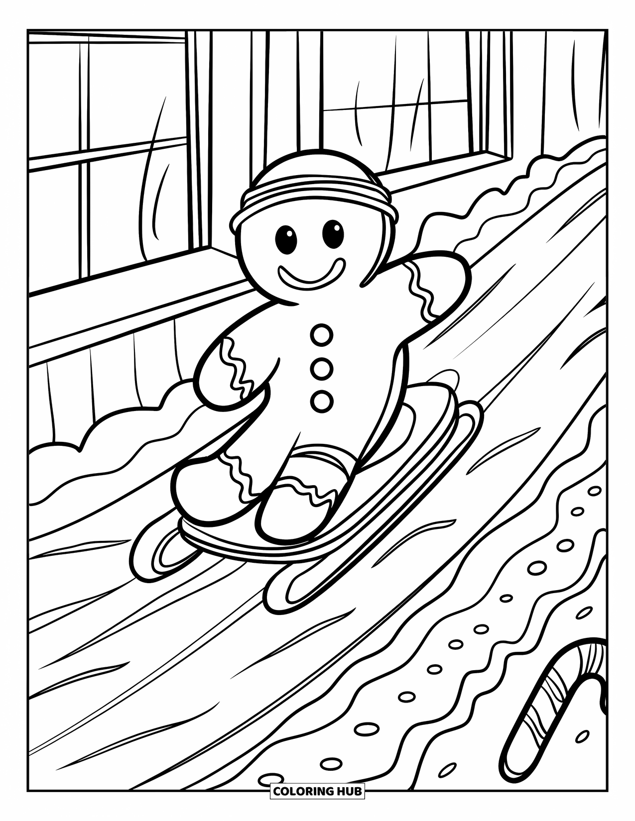 Gingerbread Man Coloring Page for Kids: Gingerbread man sledding near a bakery with candy scattered on the path