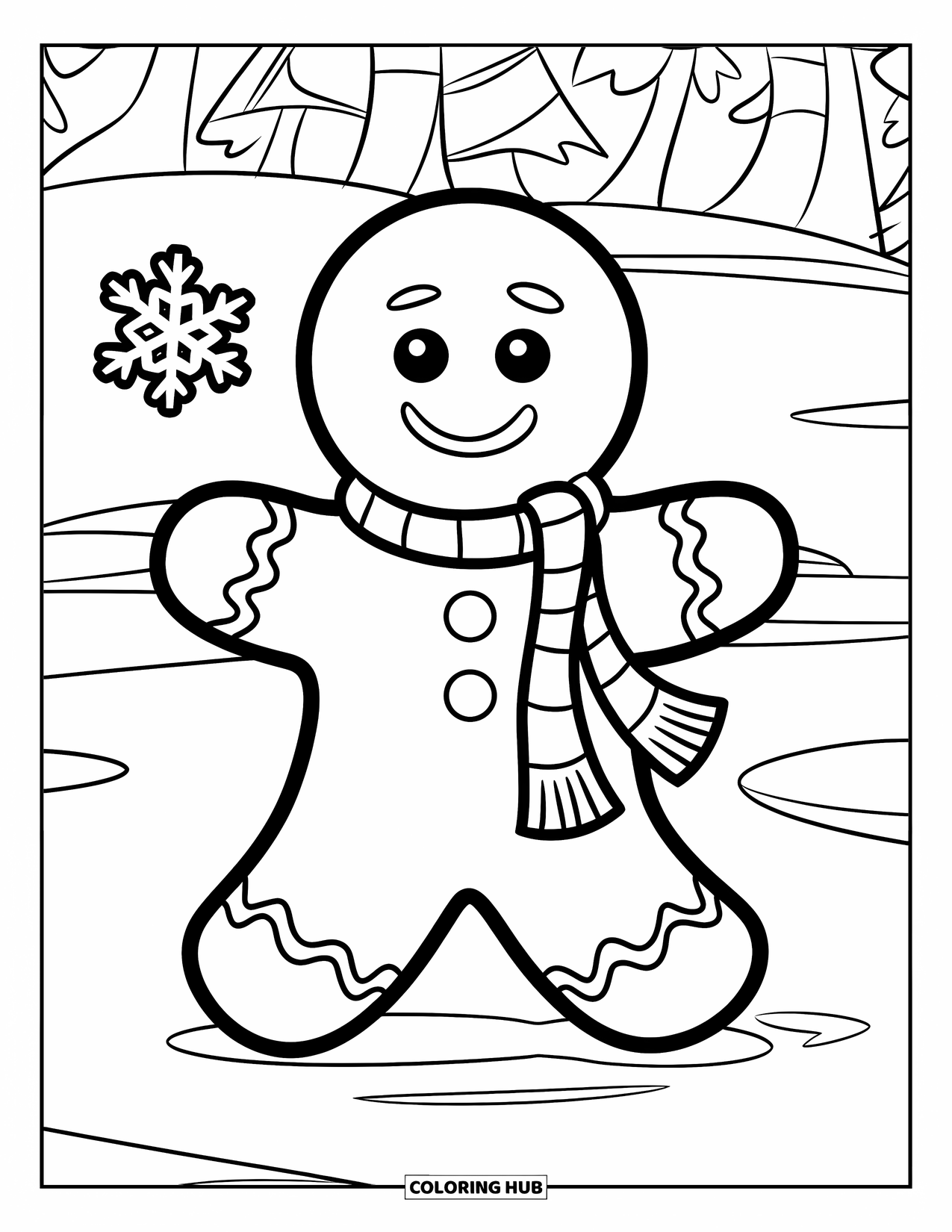 Gingerbread Man Coloring Page for Kids: Gingerbread man standing in snow with a scarf and happy smile