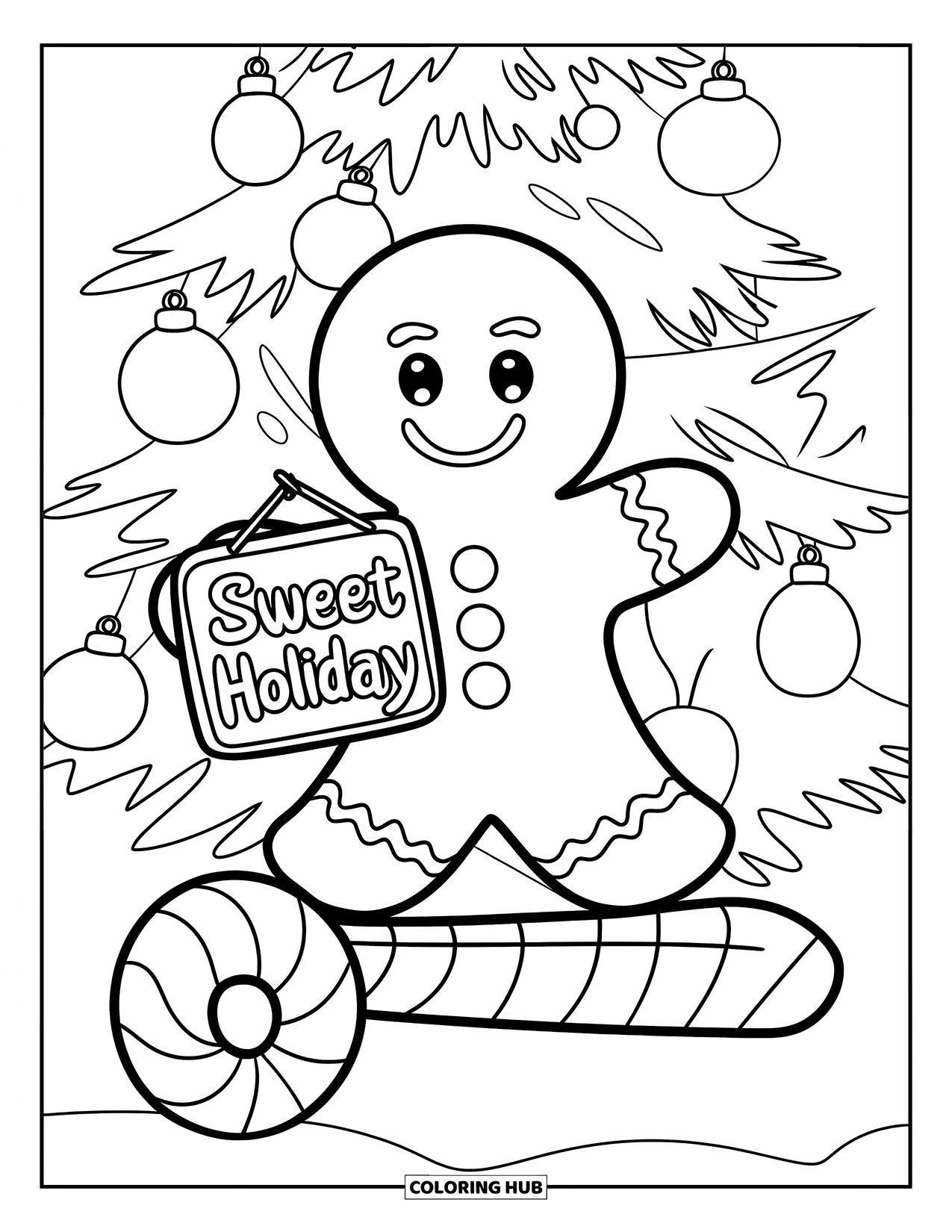 Gingerbread Man Coloring Page for Kids: Gingerbread man standing on a candy cane holding a ìSweet Holidayî sign