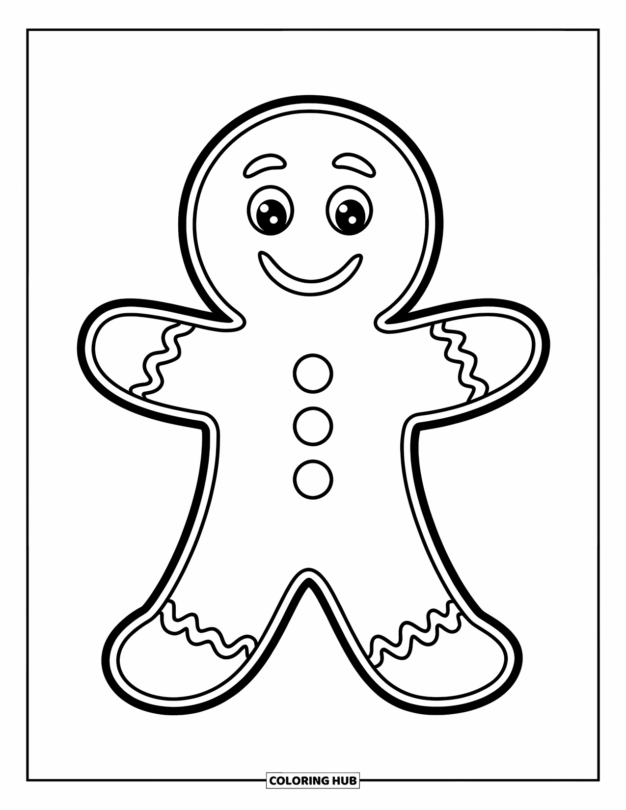 Gingerbread Man Coloring Page for Kids: Gingerbread man standing with big buttons and a cheerful smile