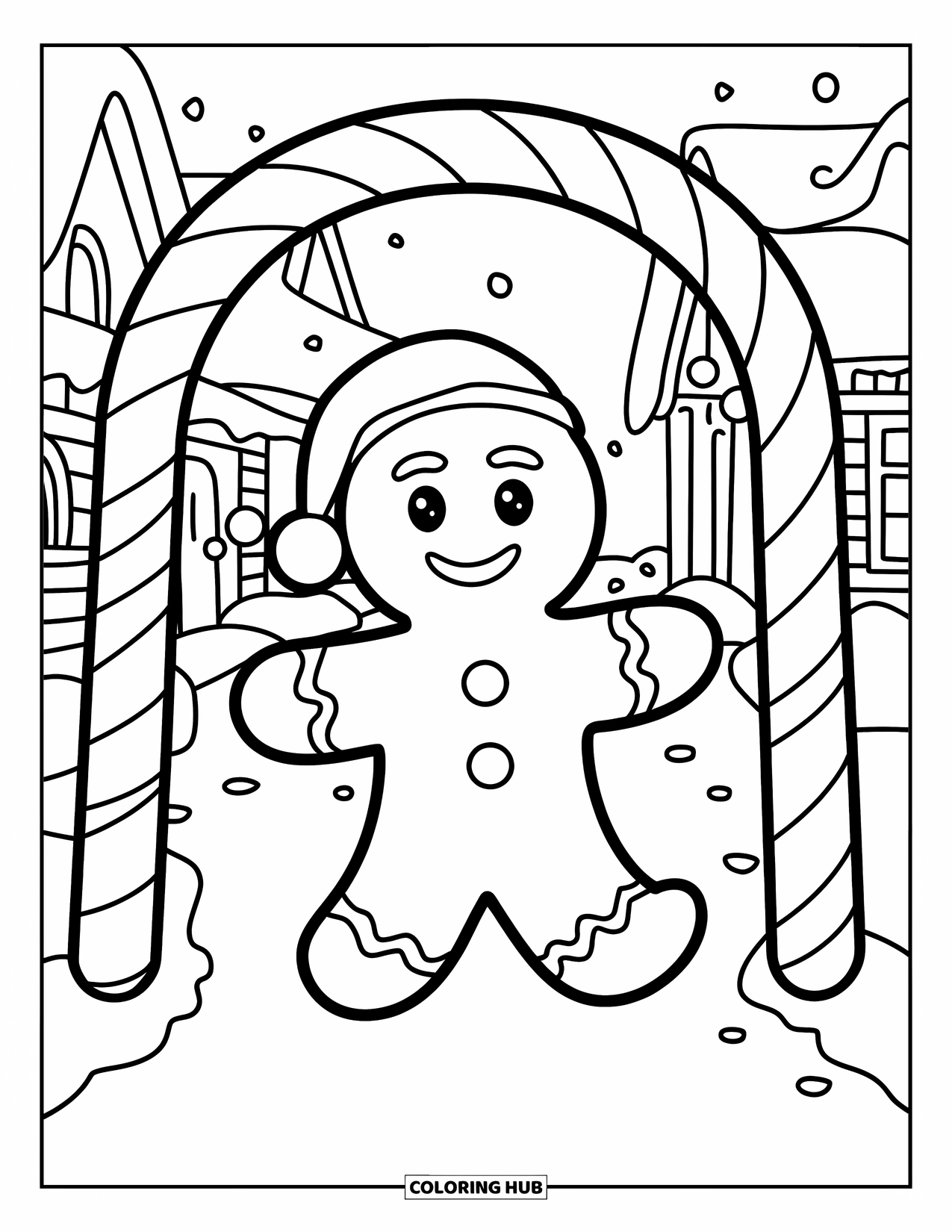 Gingerbread Man Coloring Page for Kids: Gingerbread man walking under a candy cane arch in a snowy village
