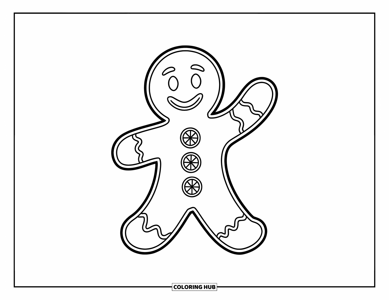 Gingerbread Man Coloring Page for Kids: Gingerbread man waving with three big gumdrop buttons