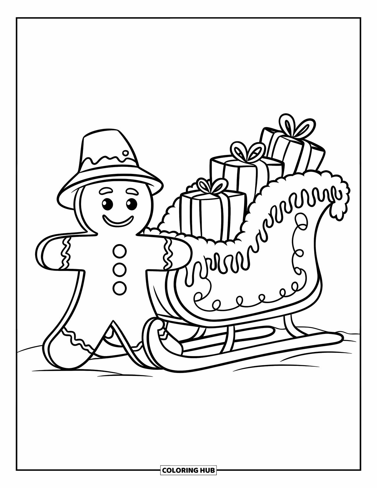 Gingerbread Man Coloring Page for Kids: Gingerbread man wearing a hat next to a gift-filled sleigh