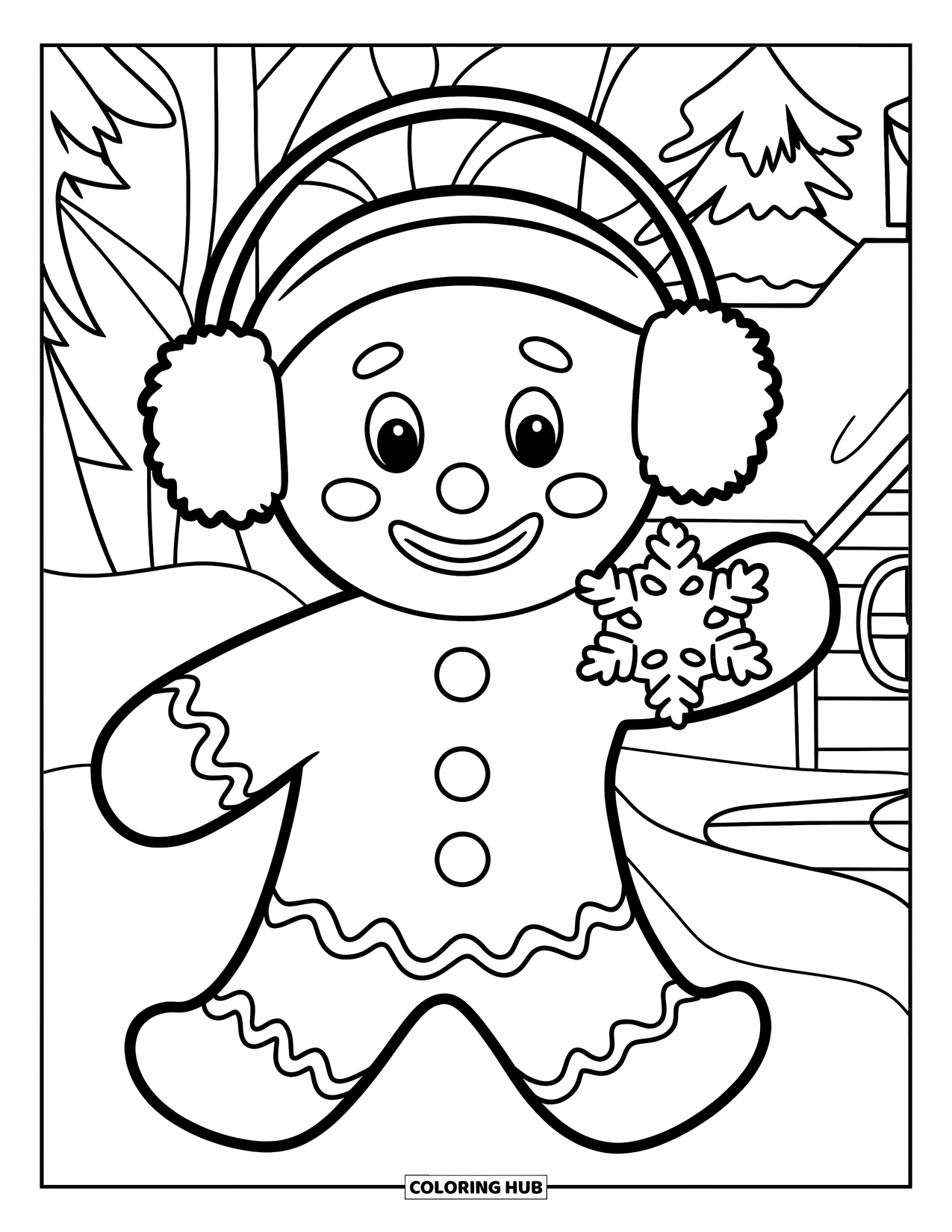 Gingerbread Man Coloring Page for Kids: Gingerbread man wearing earmuffs holding a snowflake cookie in the snow