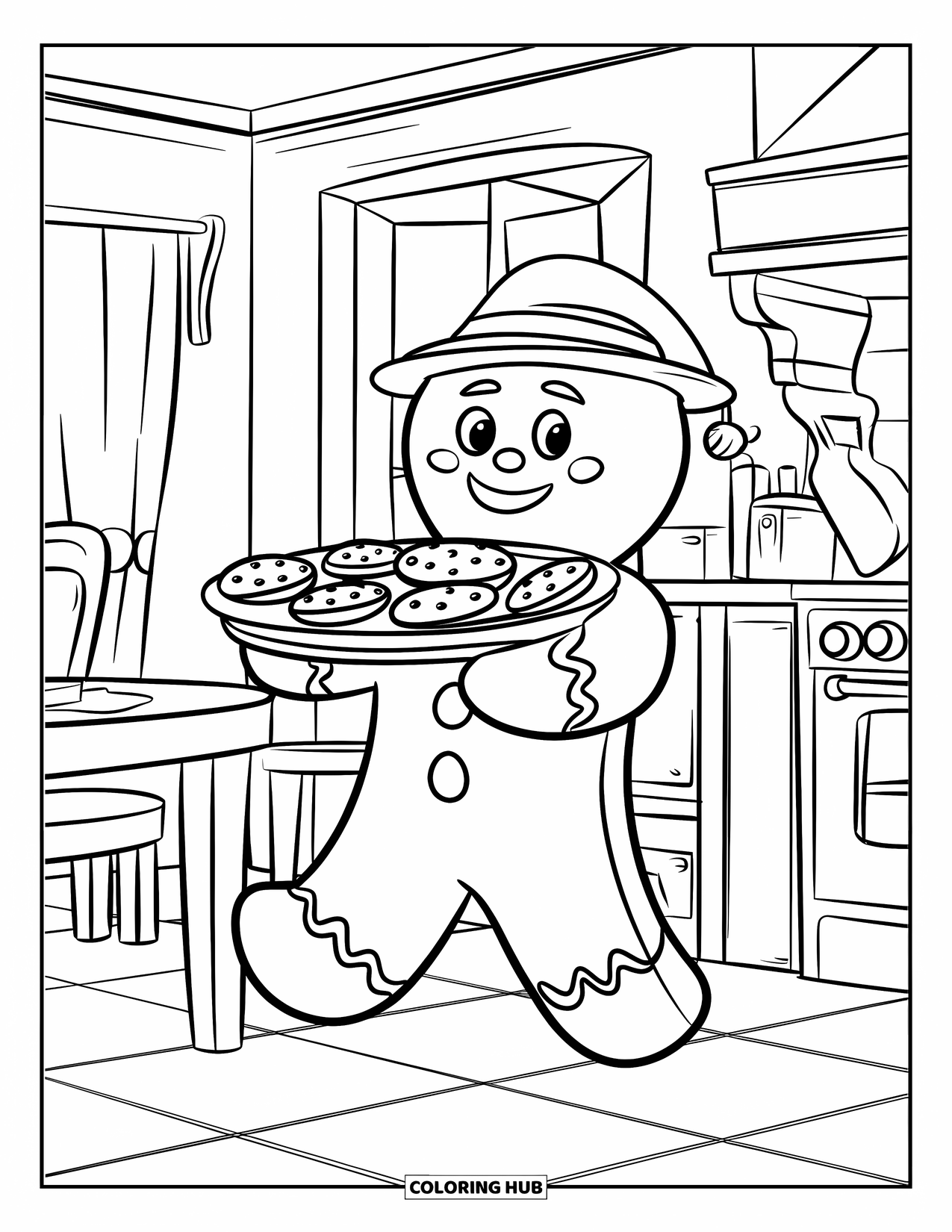 Gingerbread Man Coloring Page for Kids: Gingerbread man with a cookie tray standing near a wooden table