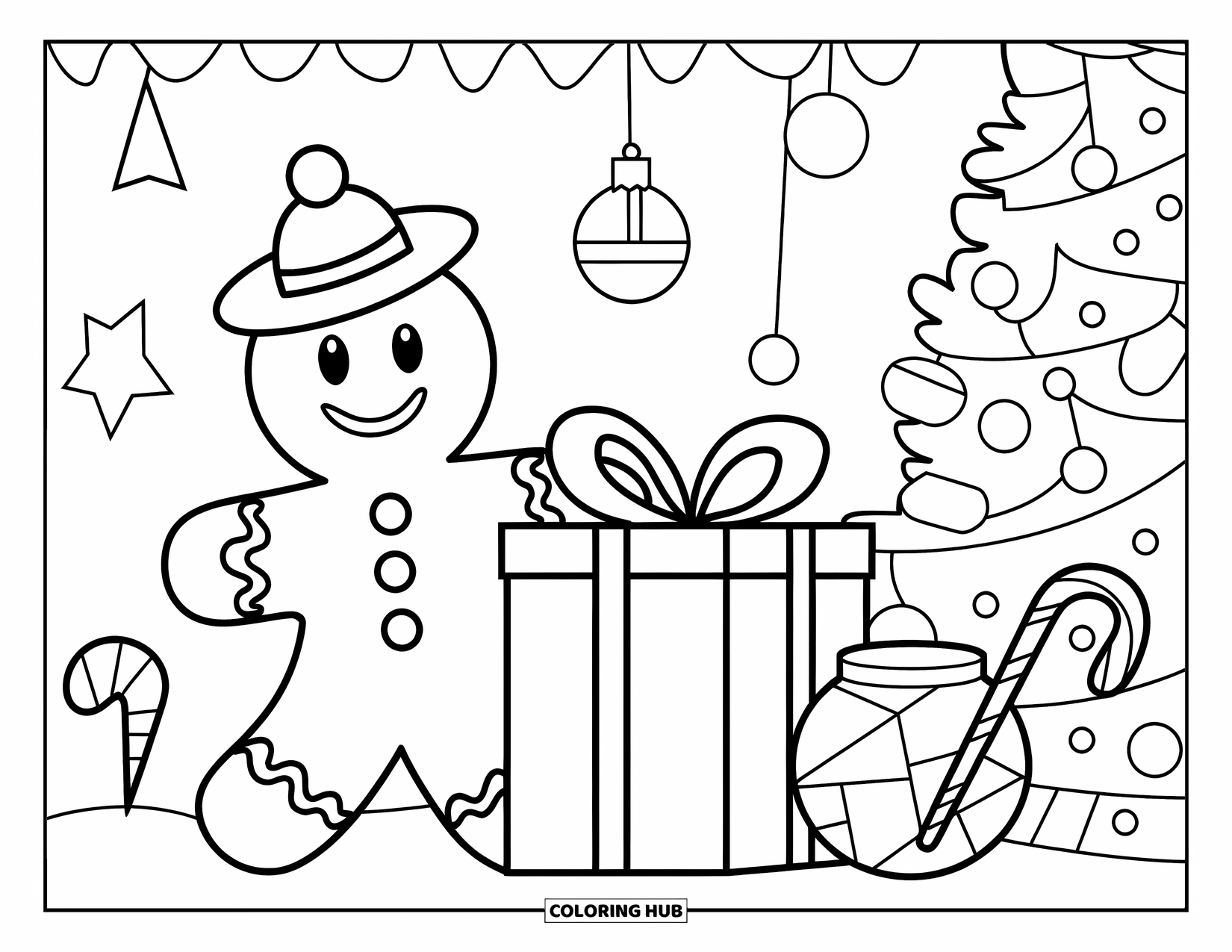 Gingerbread Man Coloring Page for Kids: Gingerbread man with a present, candy jars, and festive decorations