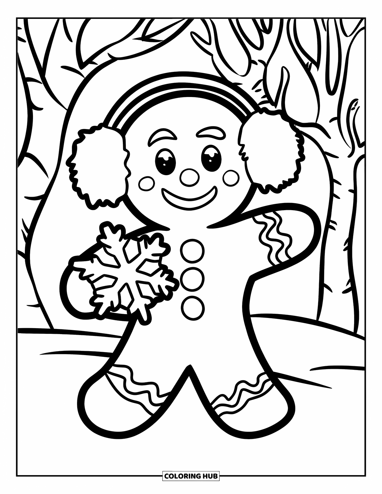 Gingerbread Man Coloring Page for Kids: Gingerbread man with earmuffs and a cookie standing near bare trees