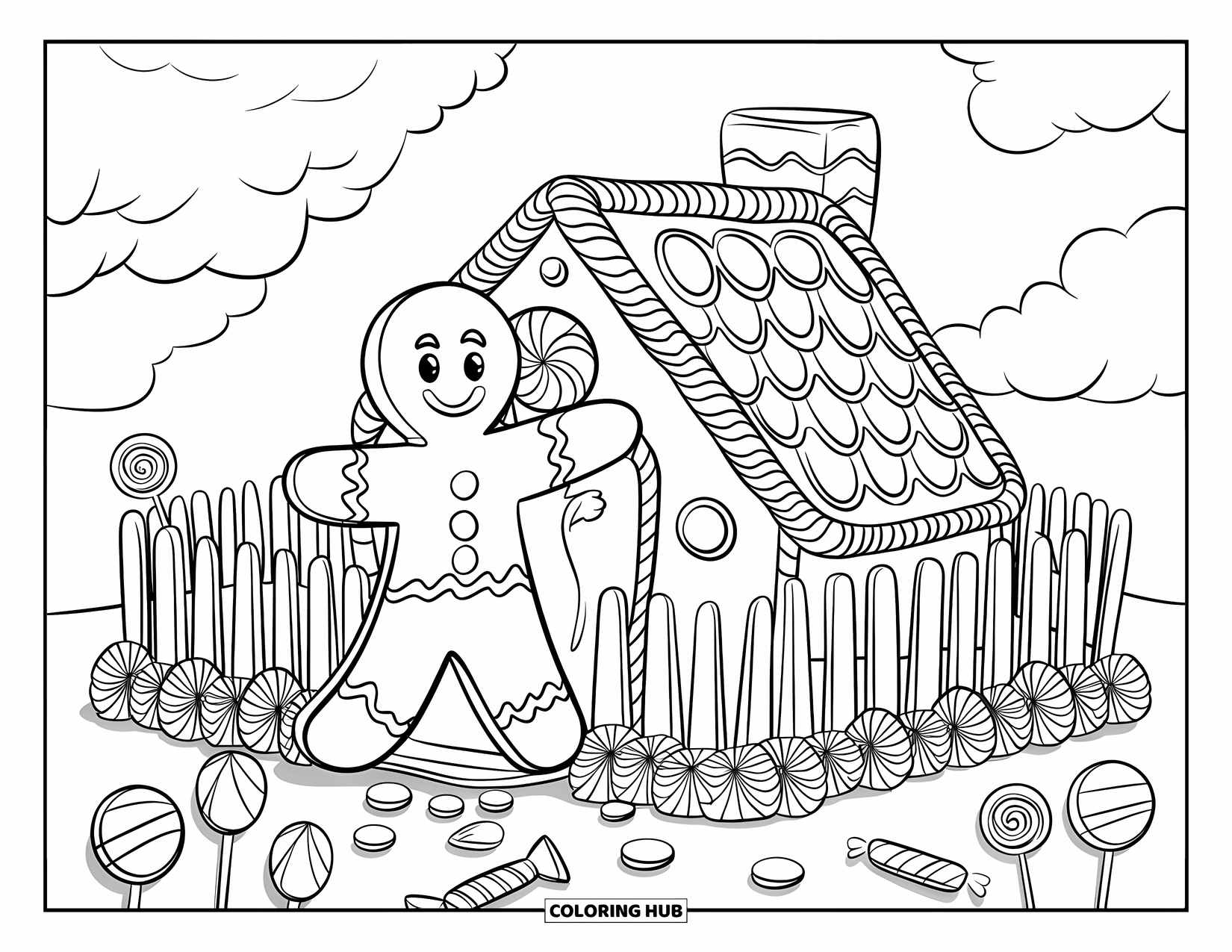 Gingerbread Man Coloring Page for Kids: Gingerbread man working on a candy fence with lollipops and gumdrops everywhere