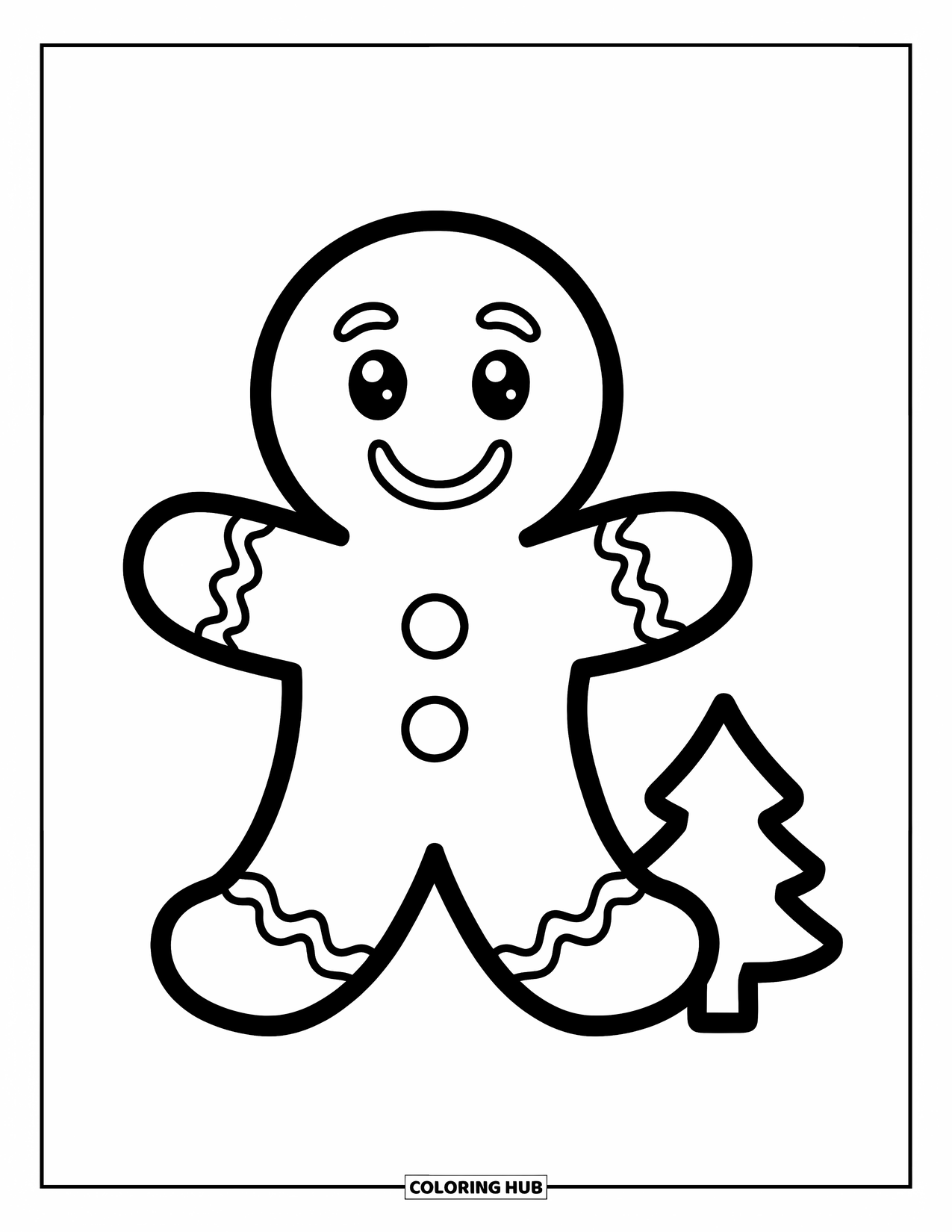 Gingerbread Man Coloring Page for Kids: Happy gingerbread man beside a tree with big, easy shapes to color