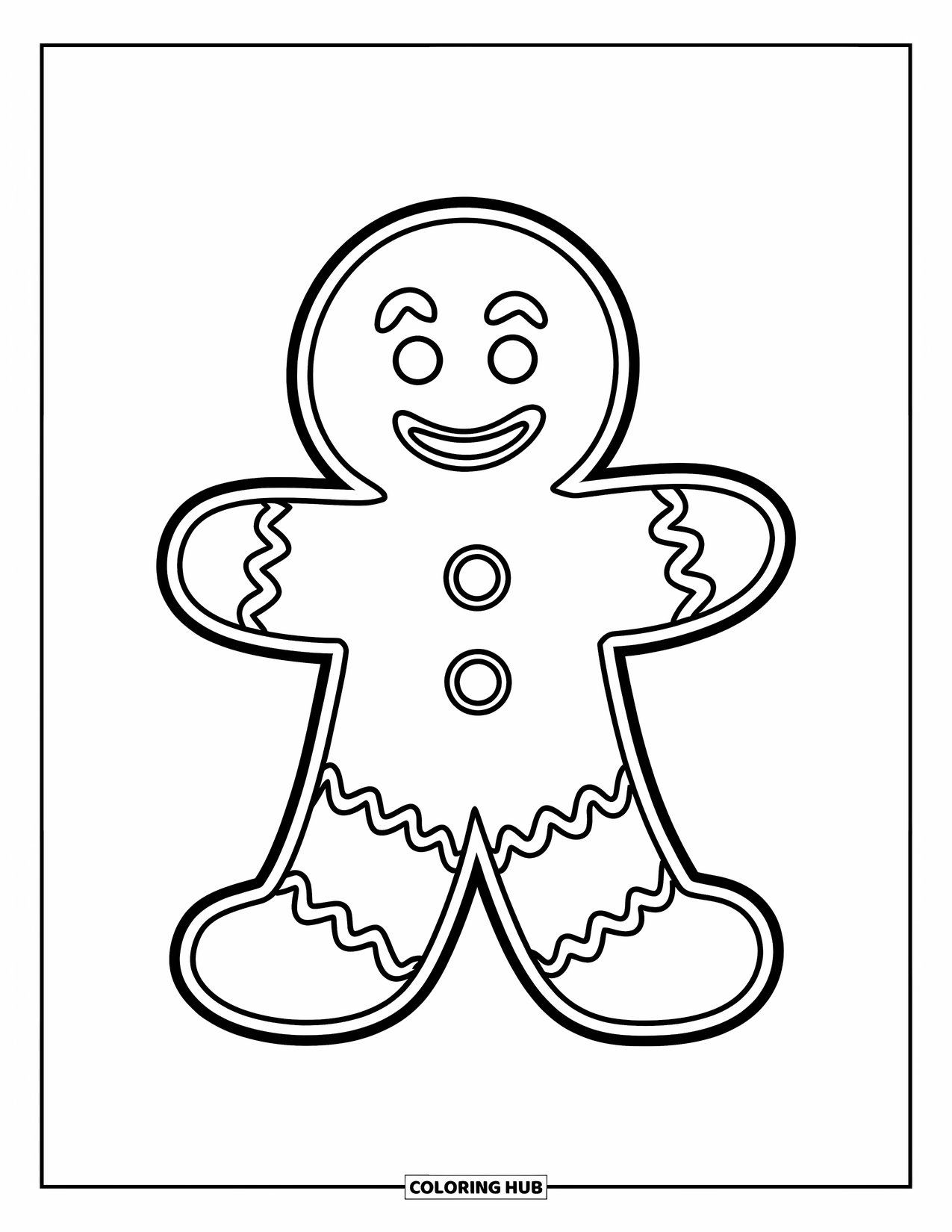Gingerbread Man Coloring Page for Kids: Playful gingerbread man with big frosting boots and a round belly
