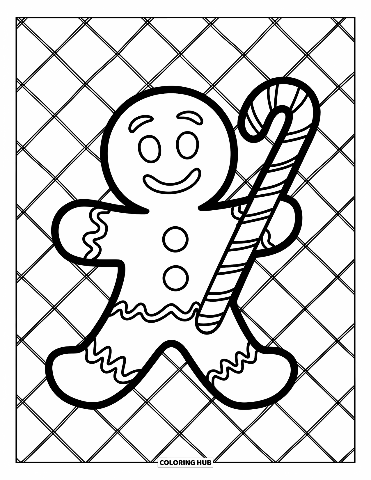 Gingerbread Man Coloring Page for Kids: Smiling gingerbread man holding a candy cane on a checkered floor