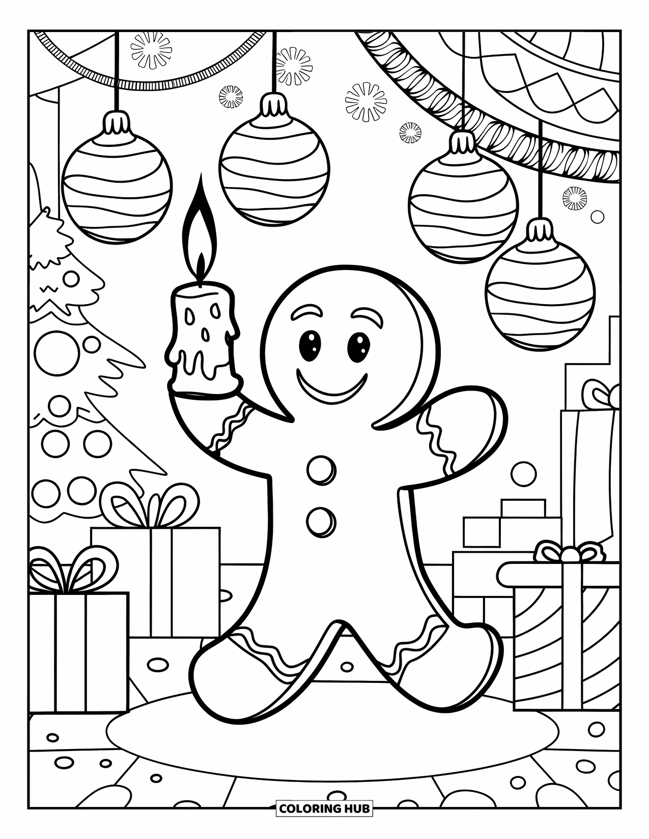Gingerbread Man Coloring Page for Kids: Smiling gingerbread man lighting gumdrop lanterns in a festive setting