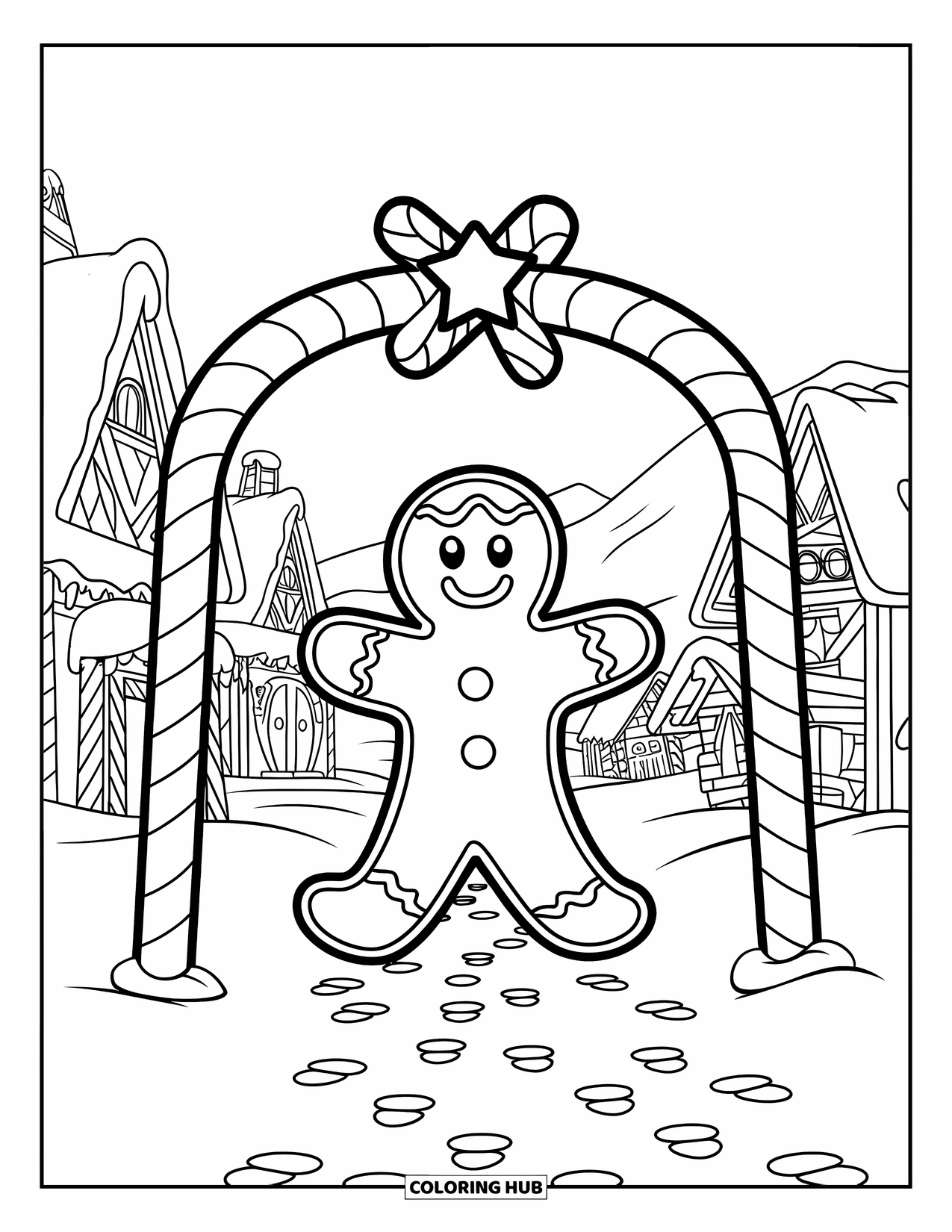 Gingerbread Man Coloring Page for Kids: Smiling gingerbread man under a big candy arch near snowy mountains