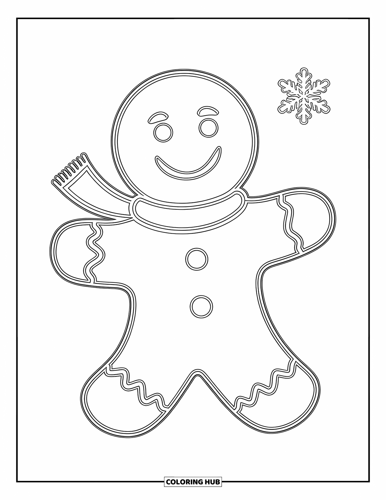 Gingerbread Man Coloring Page for Kids: Smiling gingerbread man wearing a scarf beside a snowflake