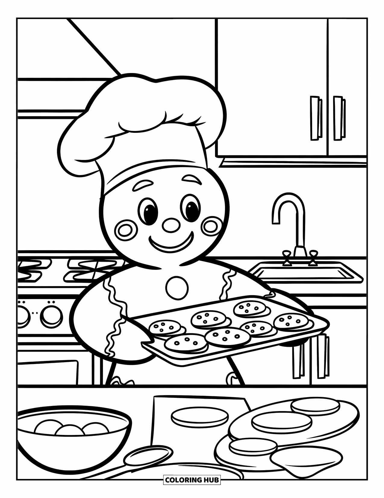 Gingerbread Man Coloring Page for Kids: Smiling gingerbread man with cookies in a warm kitchen setting