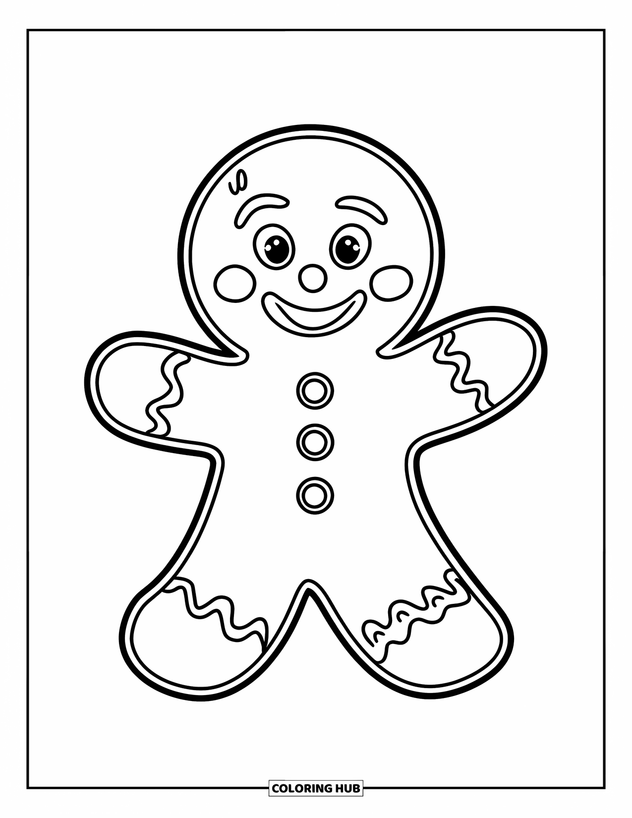 Gingerbread Man Coloring Page for Kids: Smiling gingerbread man with frosting arms and playful button details