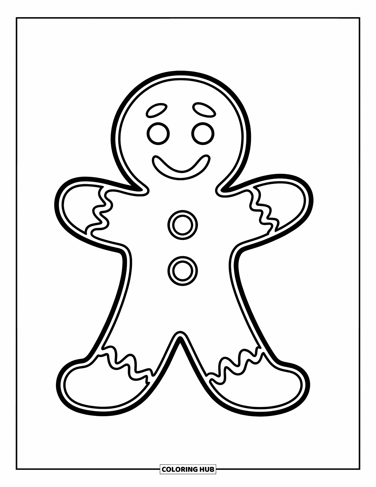 Gingerbread Man Coloring Page for Kids: Smiling gingerbread man with frosting boots standing cheerfully
