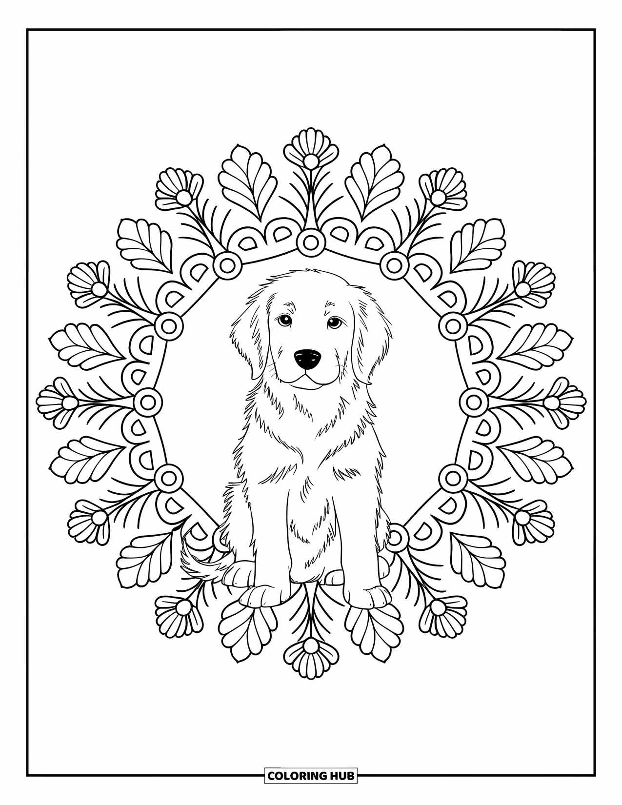 Golden Retriever Puppy Coloring Page for Adults: Calm puppy sitting inside a large botanical mandala on a white background