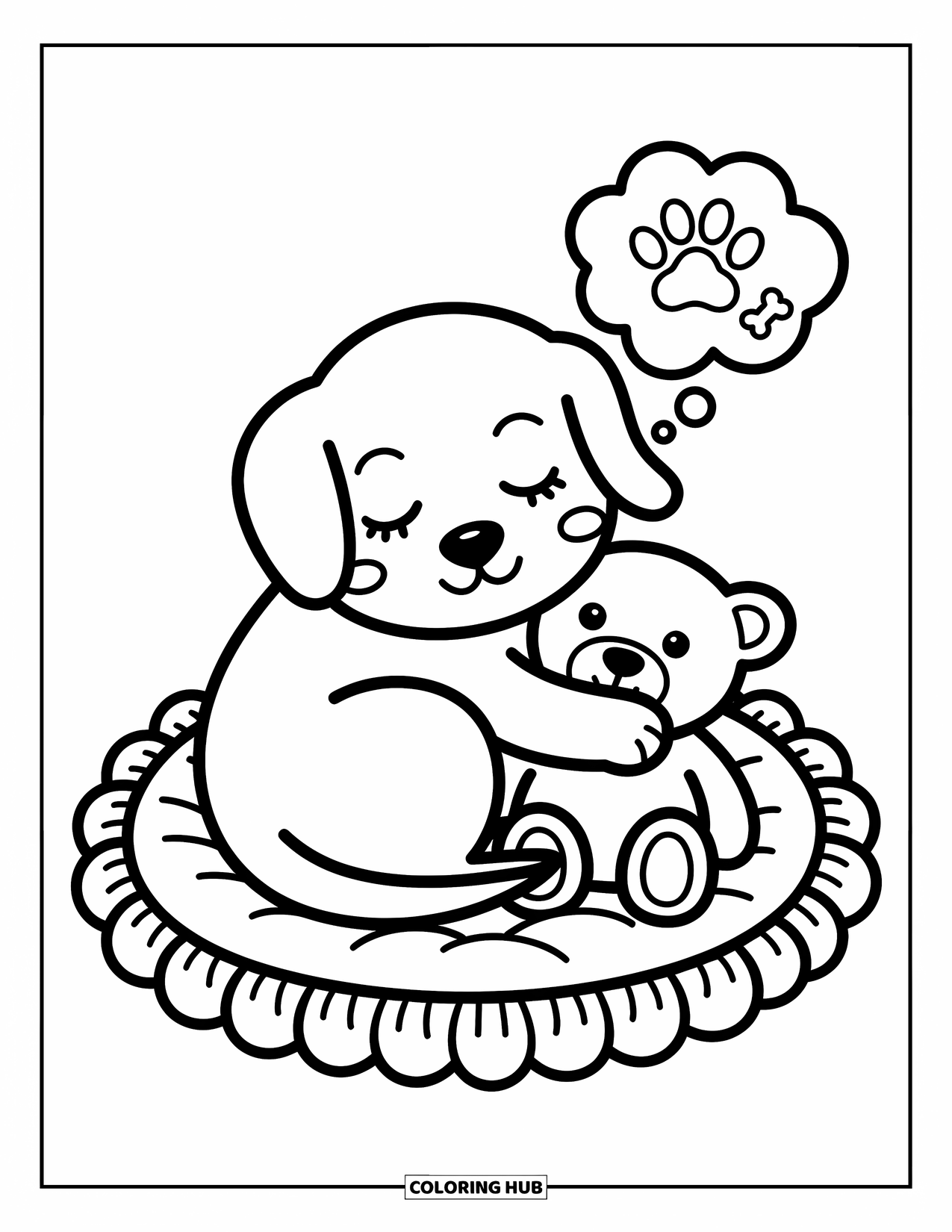 Golden Retriever Puppy Coloring Page for Adults: Cozy puppy naps with a teddy bear on a round bed outlined in ruffles