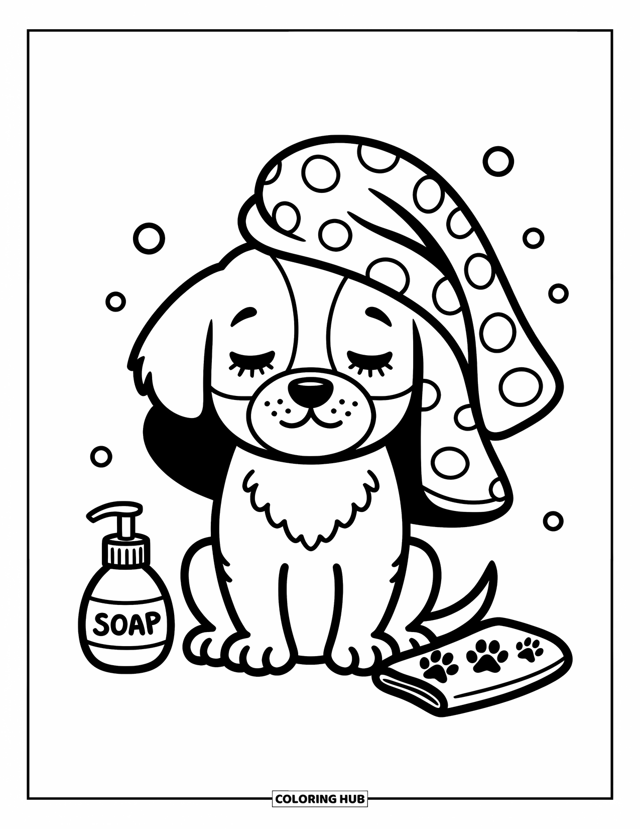 Golden Retriever Puppy Coloring Page for Adults: Freshly bathed puppy peeks from under a towel, surrounded by soap bubbles