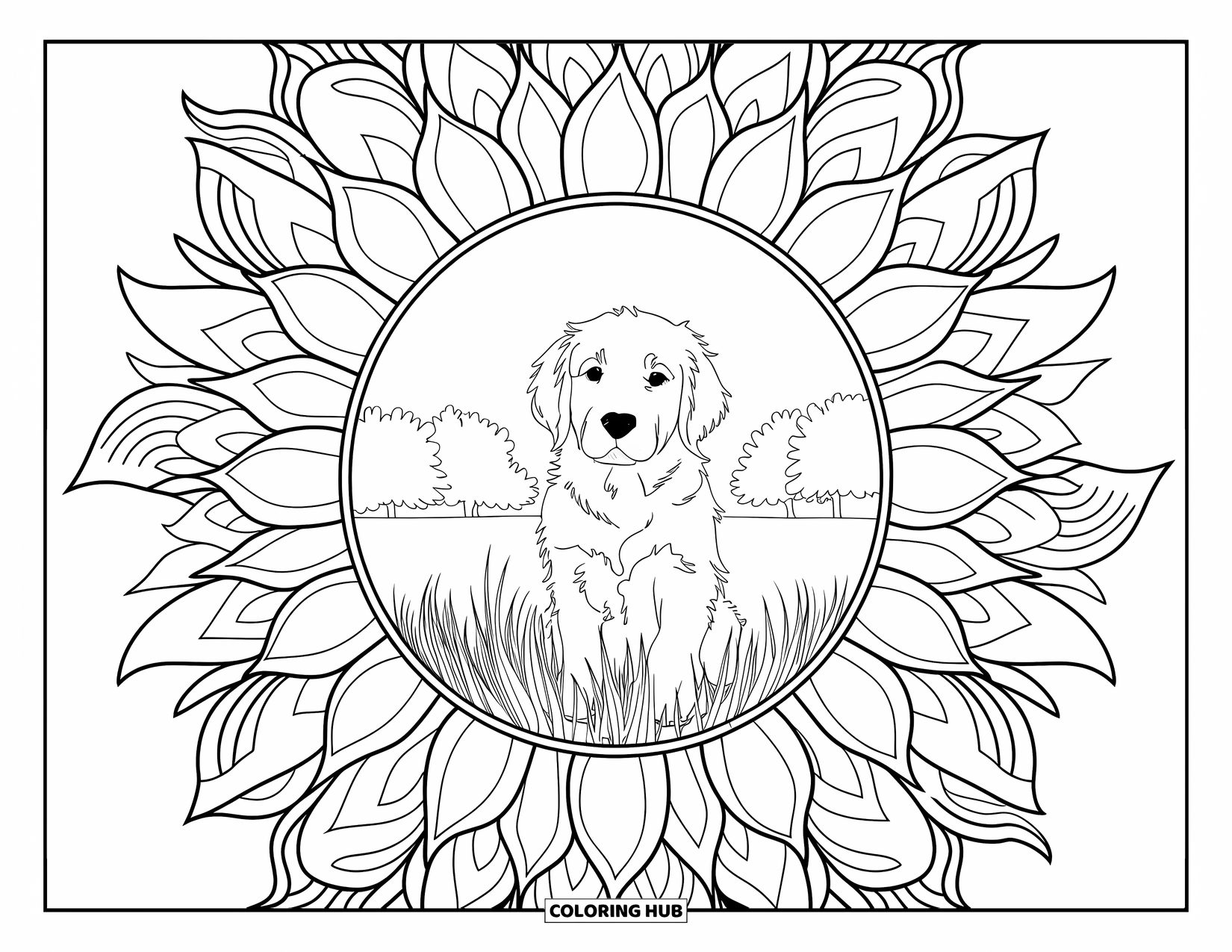 Golden Retriever Puppy Coloring Page for Adults: Golden retriever in a grassy field surrounded by sunflower patterns and trees