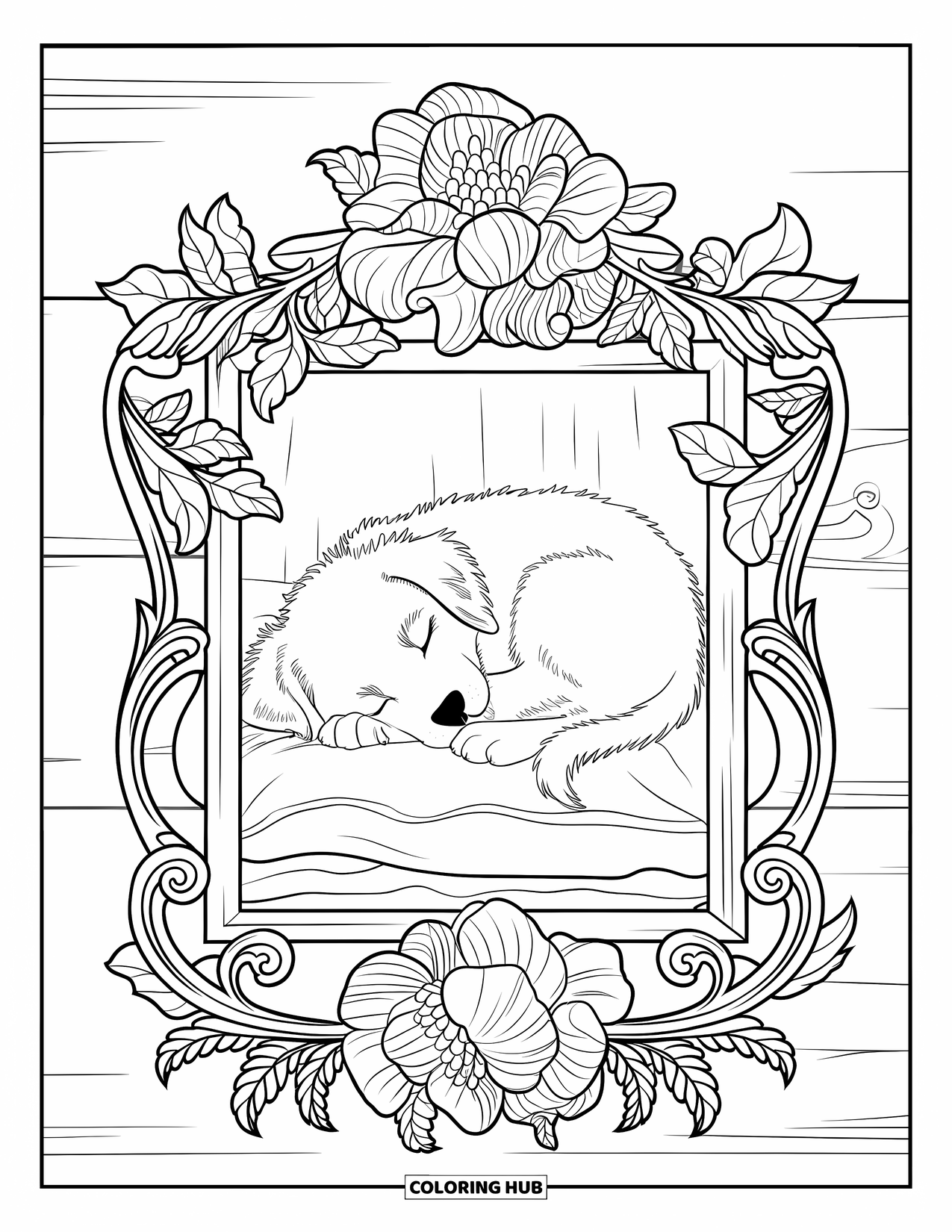 Golden Retriever Puppy Coloring Page for Adults: Golden retriever napping in a flower-decorated frame on a white wall