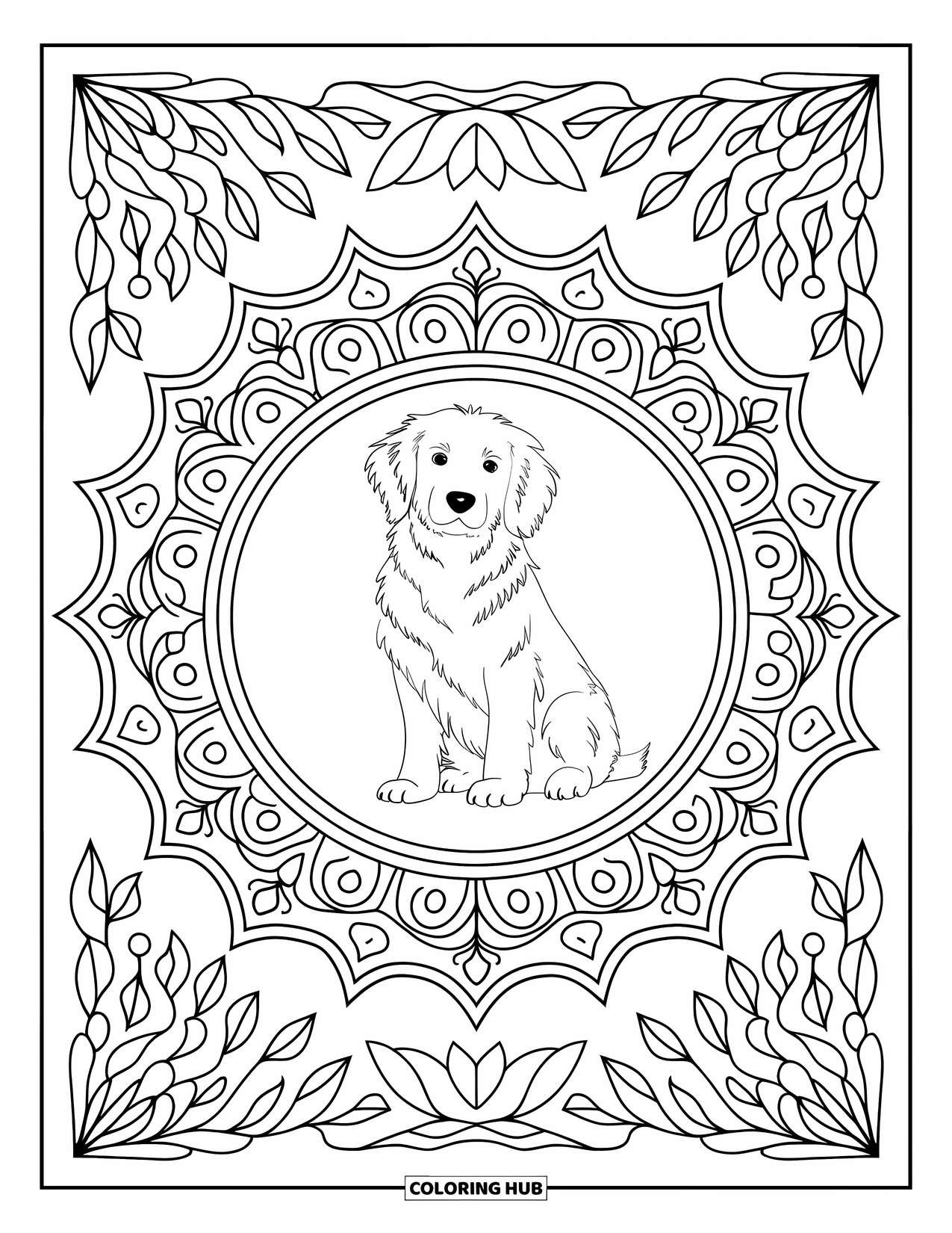 Golden Retriever Puppy Coloring Page for Adults: Golden retriever surrounded by detailed botanical patterns and leafy designs