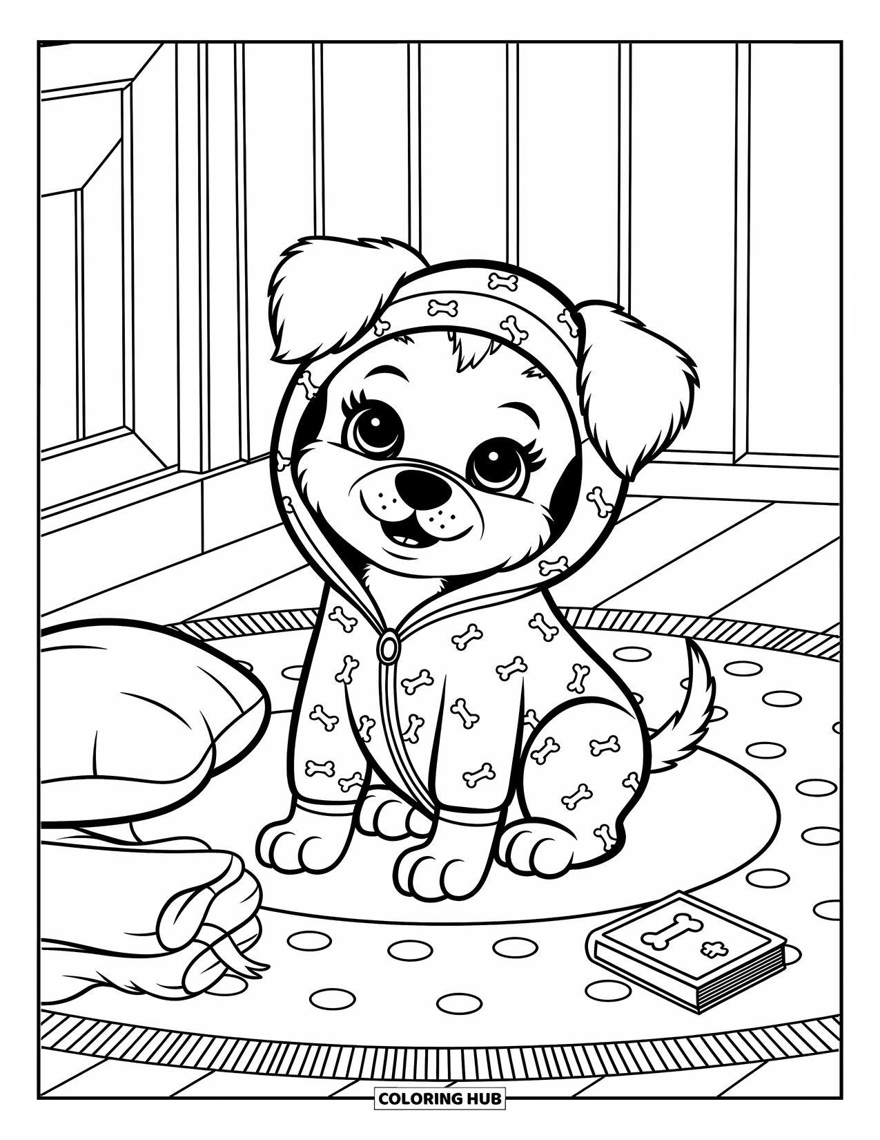 Golden Retriever Puppy Coloring Page for Adults: Pajama-wearing puppy on a rug sits near a folded blanket and tiny book